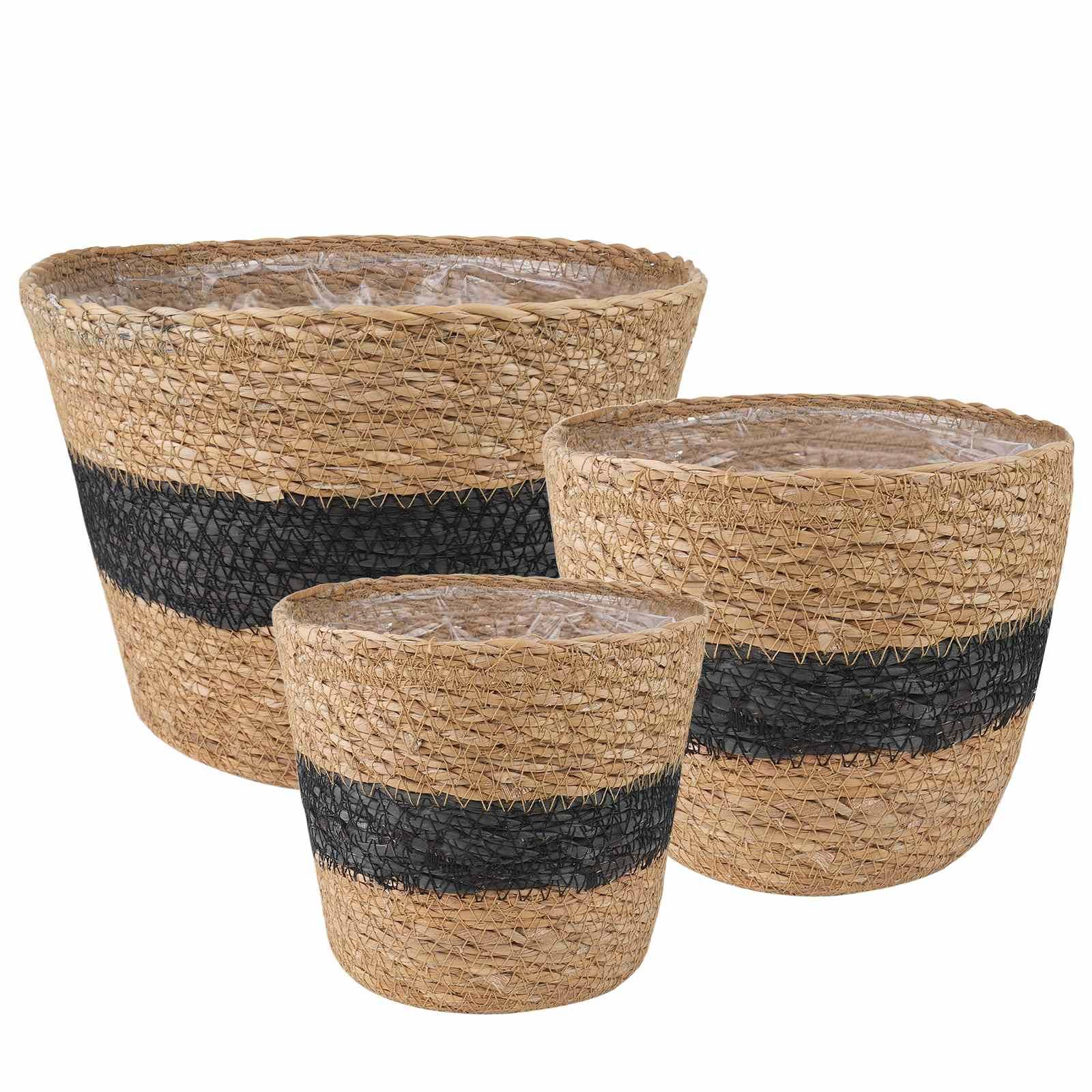 vidaXL Seegras Pflanzenkörbe 3 pcs Natürlich und Schwarz Ø26 x 19 cm