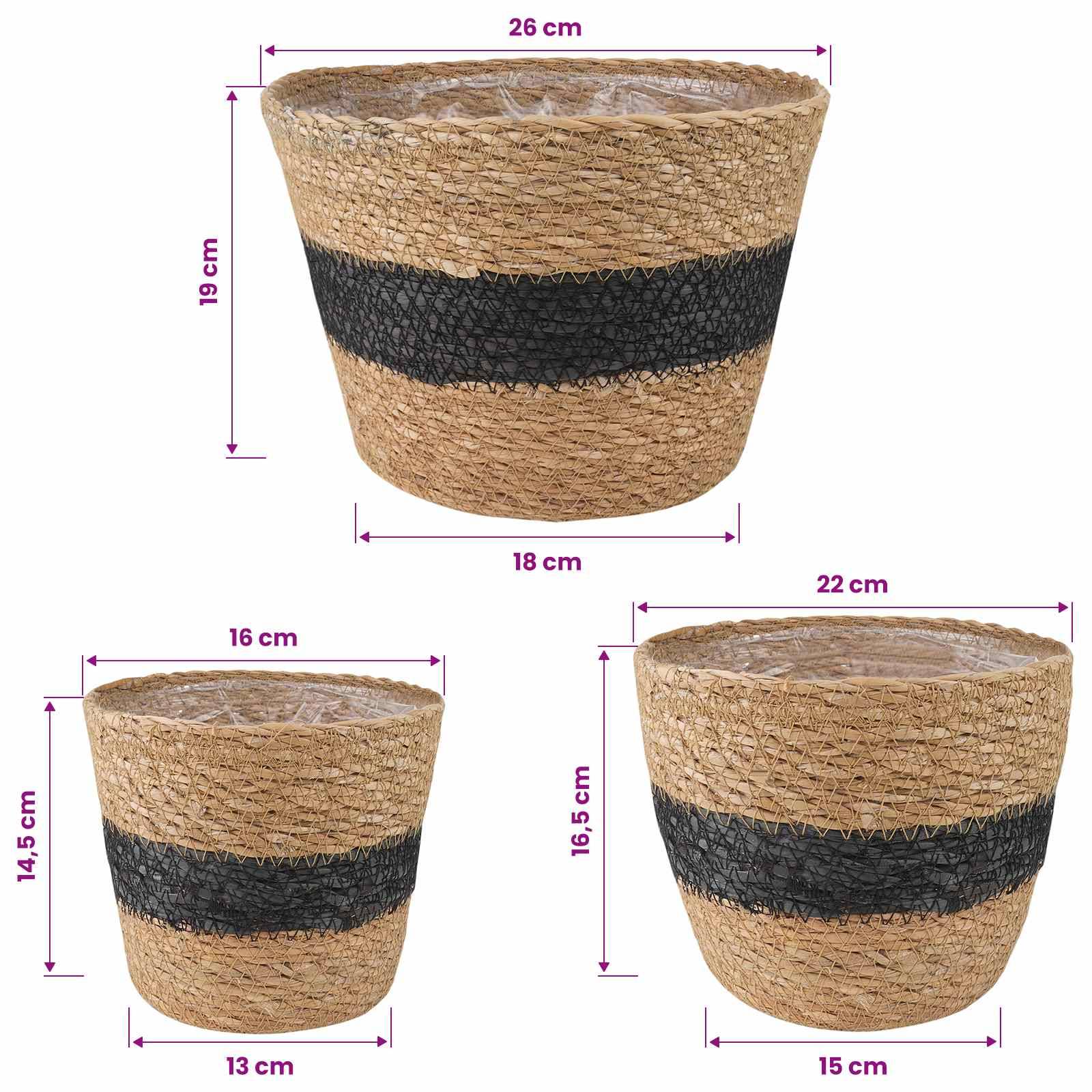 vidaXL Seegras Pflanzenkörbe 3 pcs Natürlich und Schwarz Ø26 x 19 cm