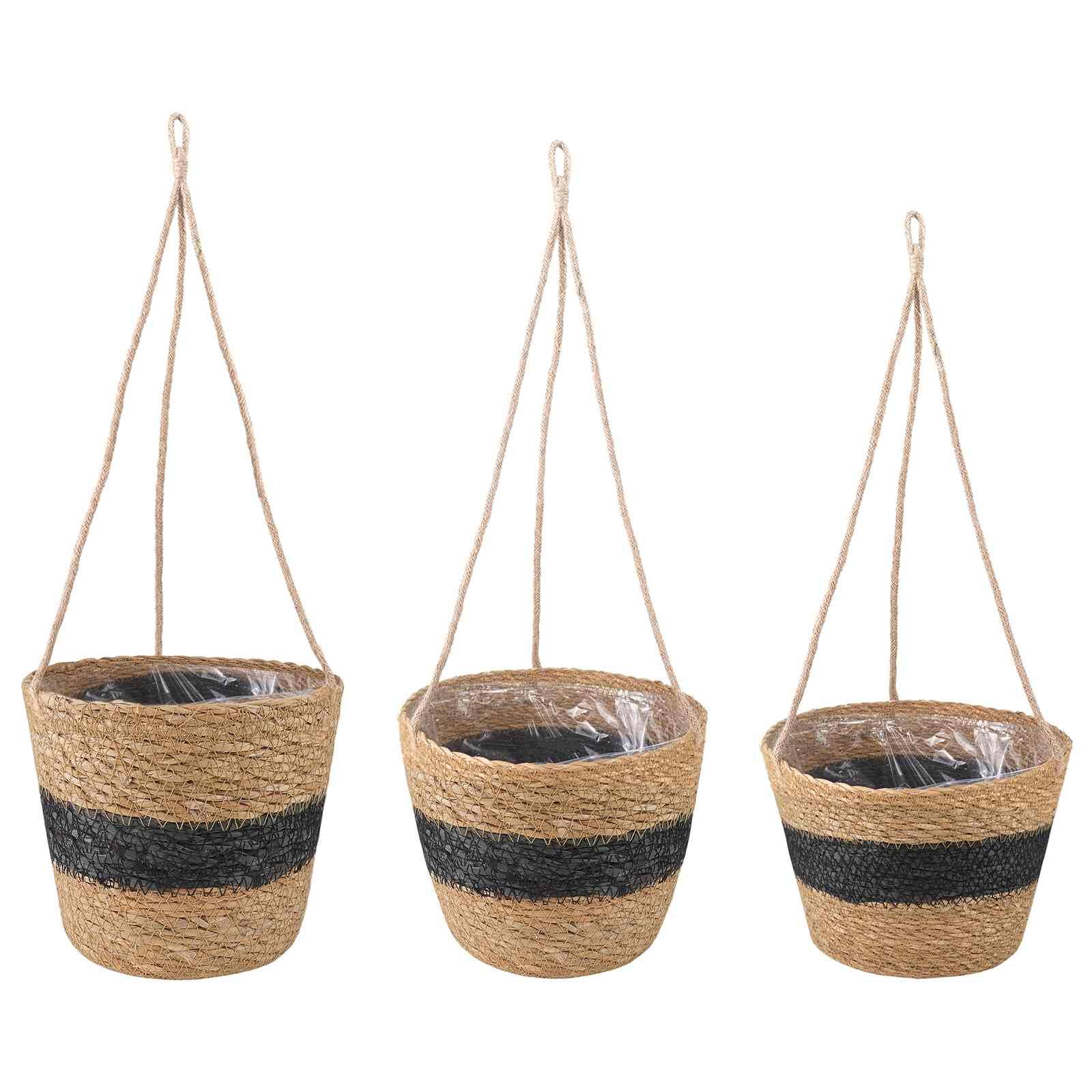 vidaXL Seegras Pflanzenkörbe 3 pcs Natürlich und Schwarz Ø26 x 19 cm