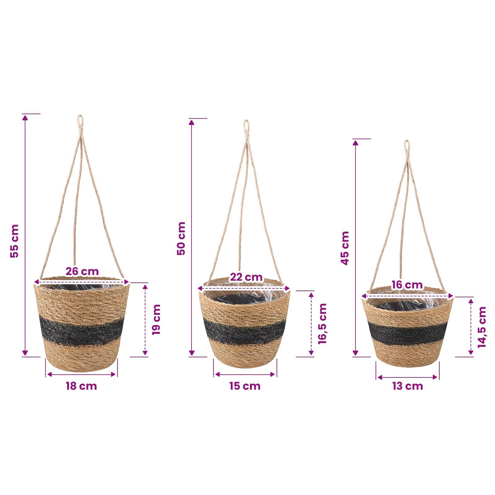 vidaXL Seegras Pflanzenkörbe 3 pcs Natürlich und Schwarz Ø26 x 19 cm