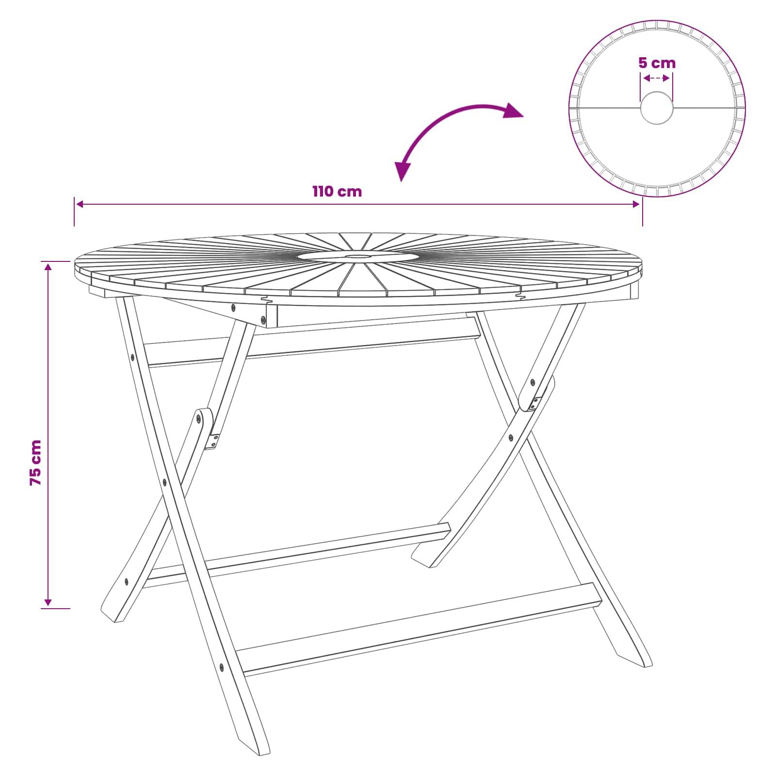 vidaXL Klappbarer Gartentisch Natur Ø110 x 75 cm Massivholz Akazie