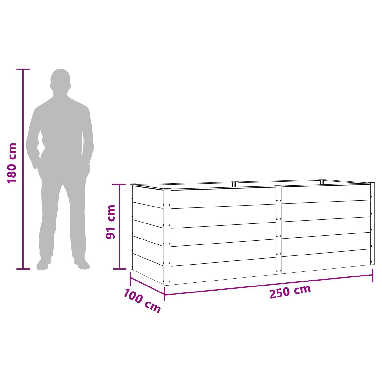 vidaXL Hochbeet Schwarz 250 x 100 x 91 cm alu.