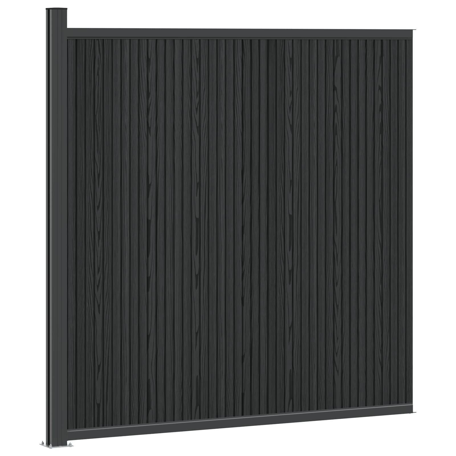 Schwarzes vertikales Lamellenzaun-Sichtschutzpanel mit Metallrahmen und Pfosten auf weißem Hintergrund.