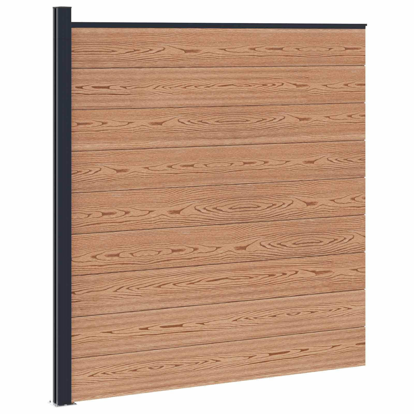 Holzoptik-Horizontallamellen-Panel mit dunklem Metallrahmen, gezeigt als Gebäudezaun oder Sichtschutzwand.