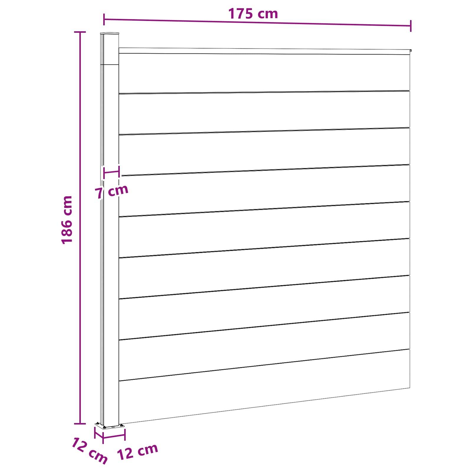 Diagramm eines Lattenzauns mit beschrifteten Abmessungen: 175 cm breit, 186 cm hoch, 12 cm mal 12 cm Pfosten und 7 cm Pfostendicke.