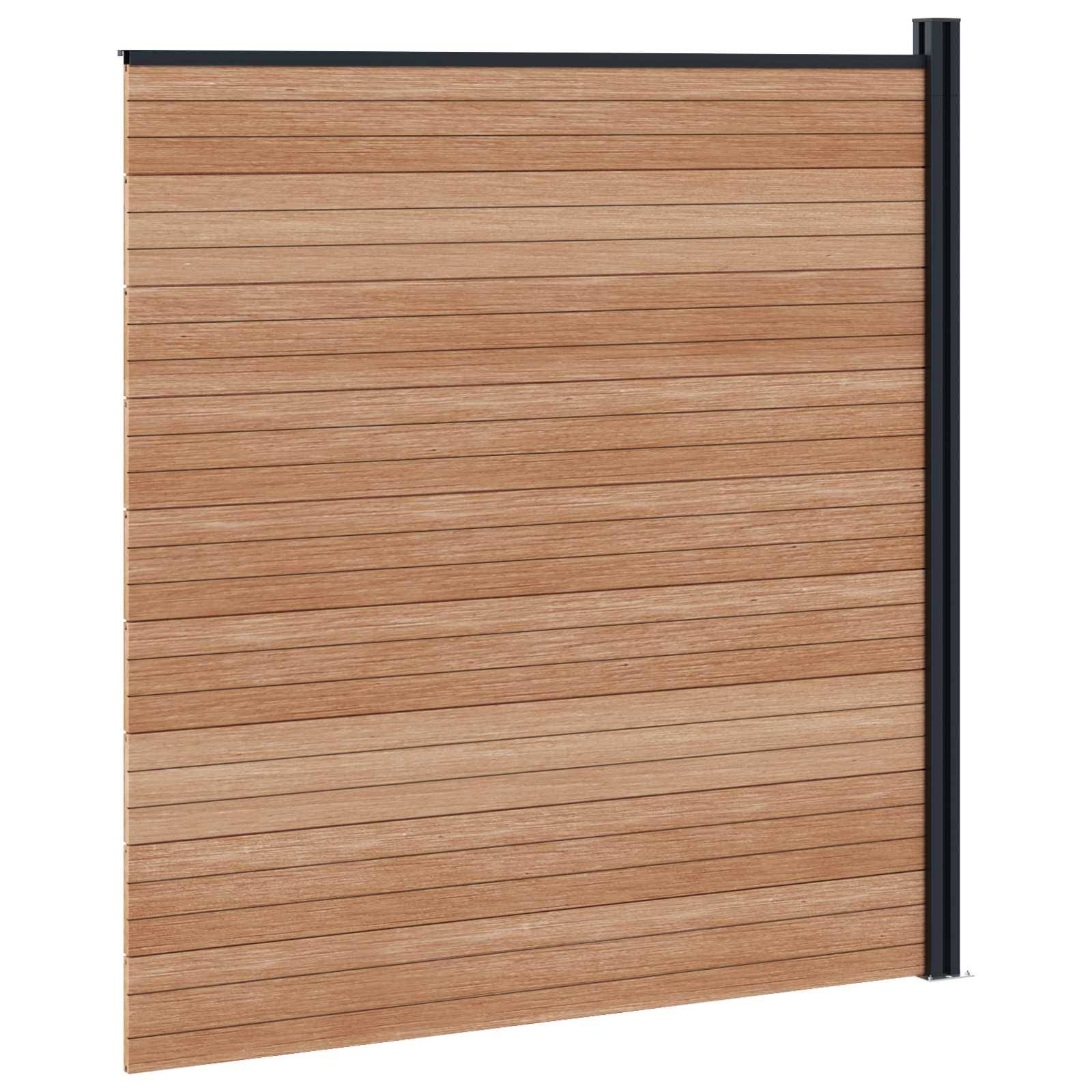Holzoptik-Lamellenpaneel mit schwarzem vertikalem Rahmen, dargestellt als freistehender Zaun oder Sichtschutzwand.