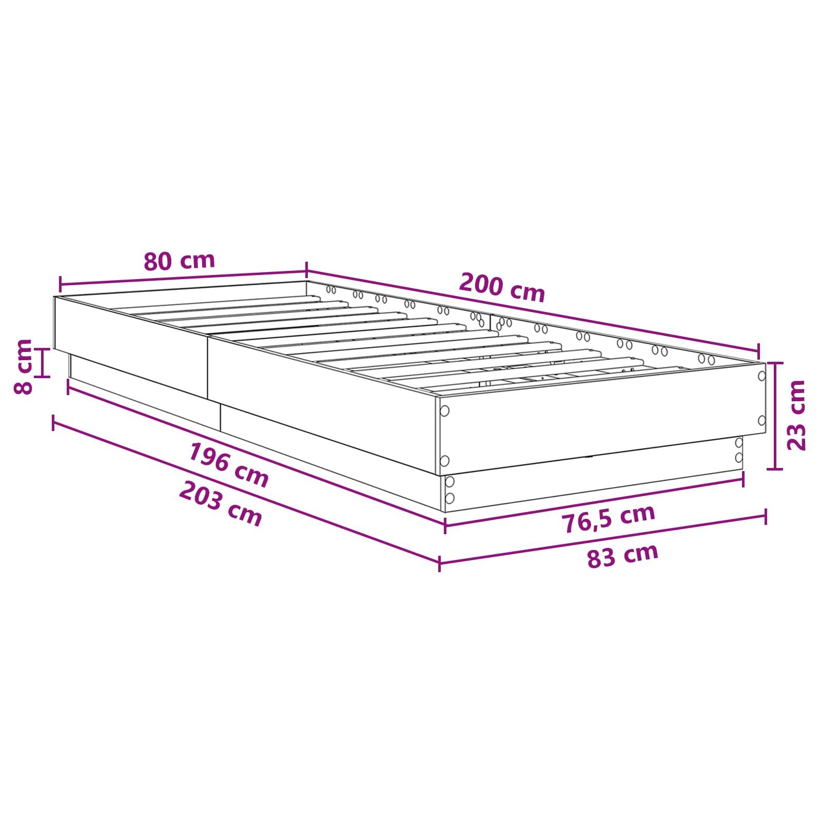 Diagramm eines Bettrahmens mit Abmessungen: 200 cm lang, 80 cm breit, 23 cm hoch, mit zusätzlichen Messungen von 203 cm, 196 cm, 83 cm, 76,5 cm und 8 cm.