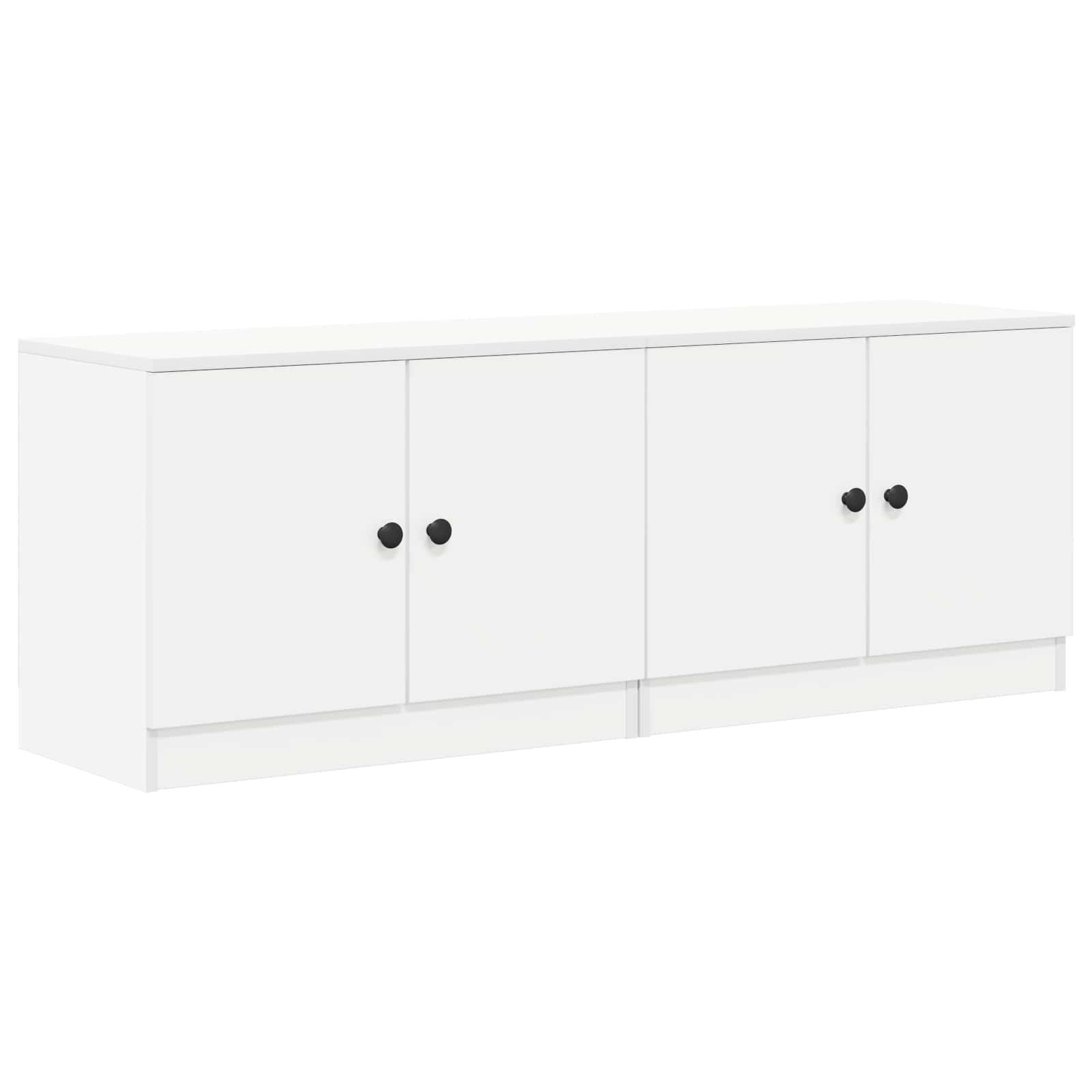 Weißer viertüriger Schrank mit schwarzen runden Knöpfen auf einem schlichten weißen Hintergrund.