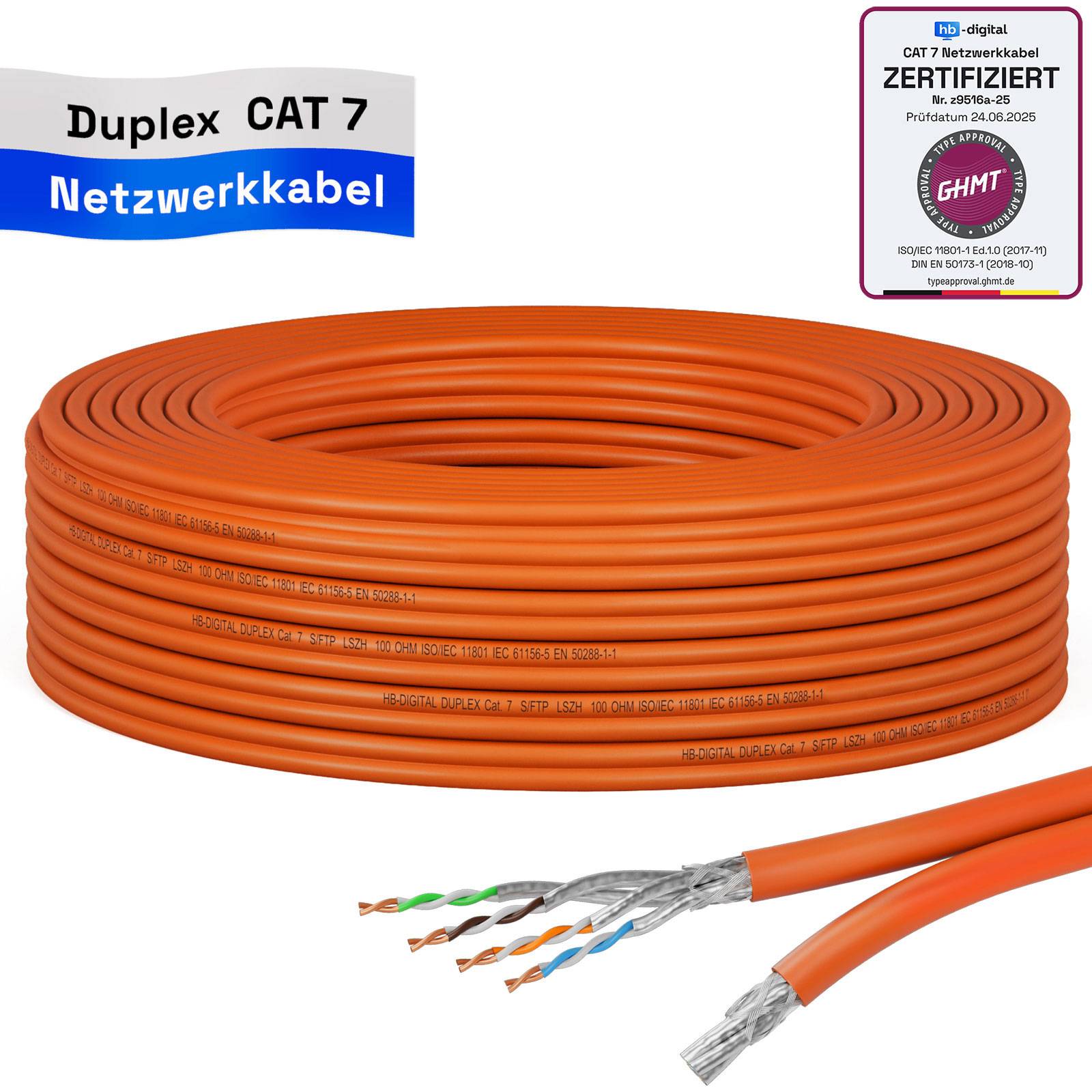 Orange-farbige Duplex-CAT-7-Netzwerkkabelspule mit freigelegten verdrillten Adernpaaren, beschriftet mit 