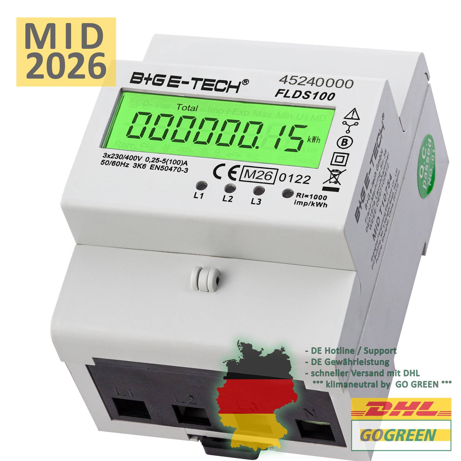 B+G E-Tech FLDS100 Drehstromzähler Hutschiene 400V 100A MID 2026 digital Stromzähler
