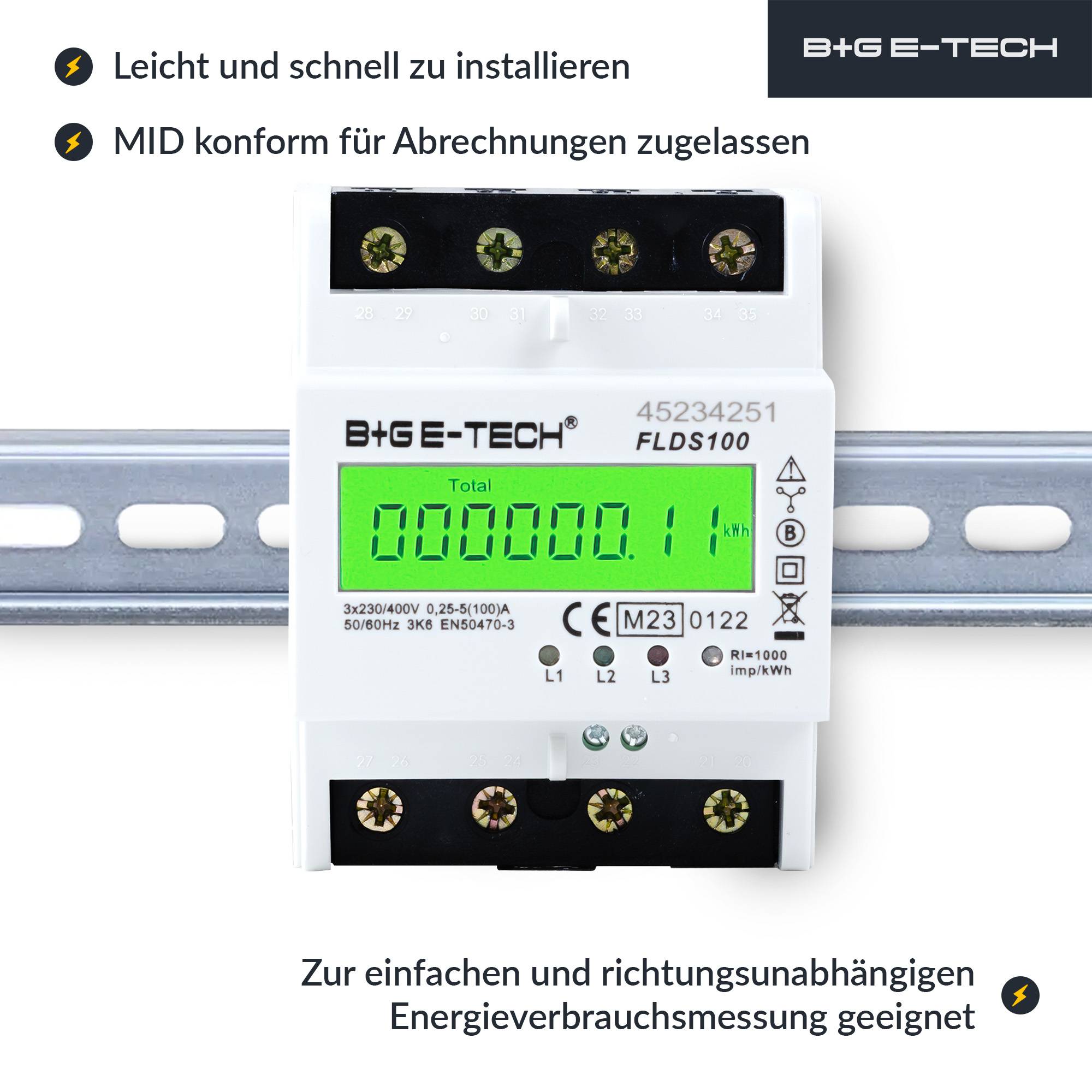 B+G E-Tech FLDS100 Drehstromzähler Hutschiene 400V 100A MID 2026 digital Stromzähler