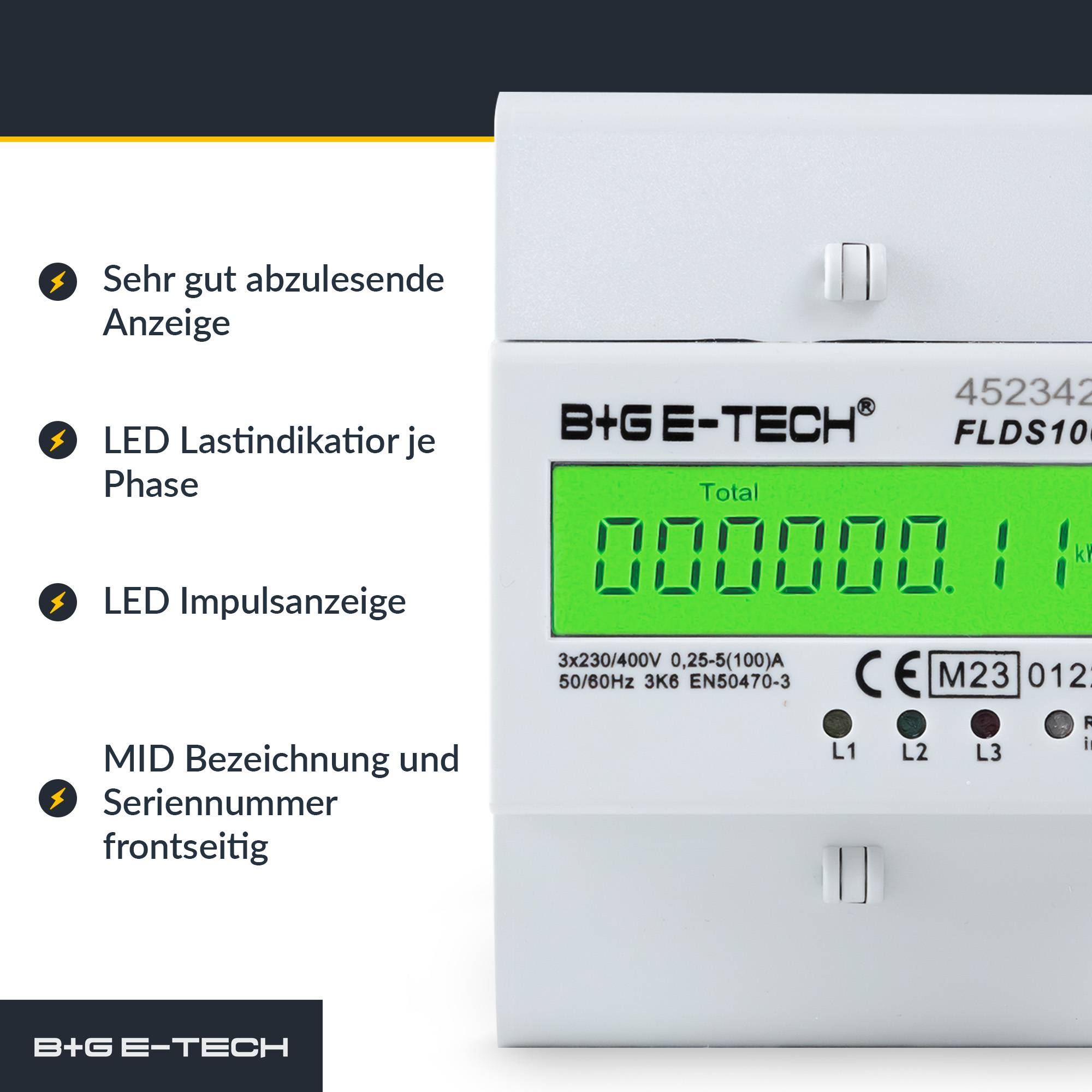 B+G E-Tech FLDS100 Drehstromzähler Hutschiene 400V 100A MID 2026 digital Stromzähler