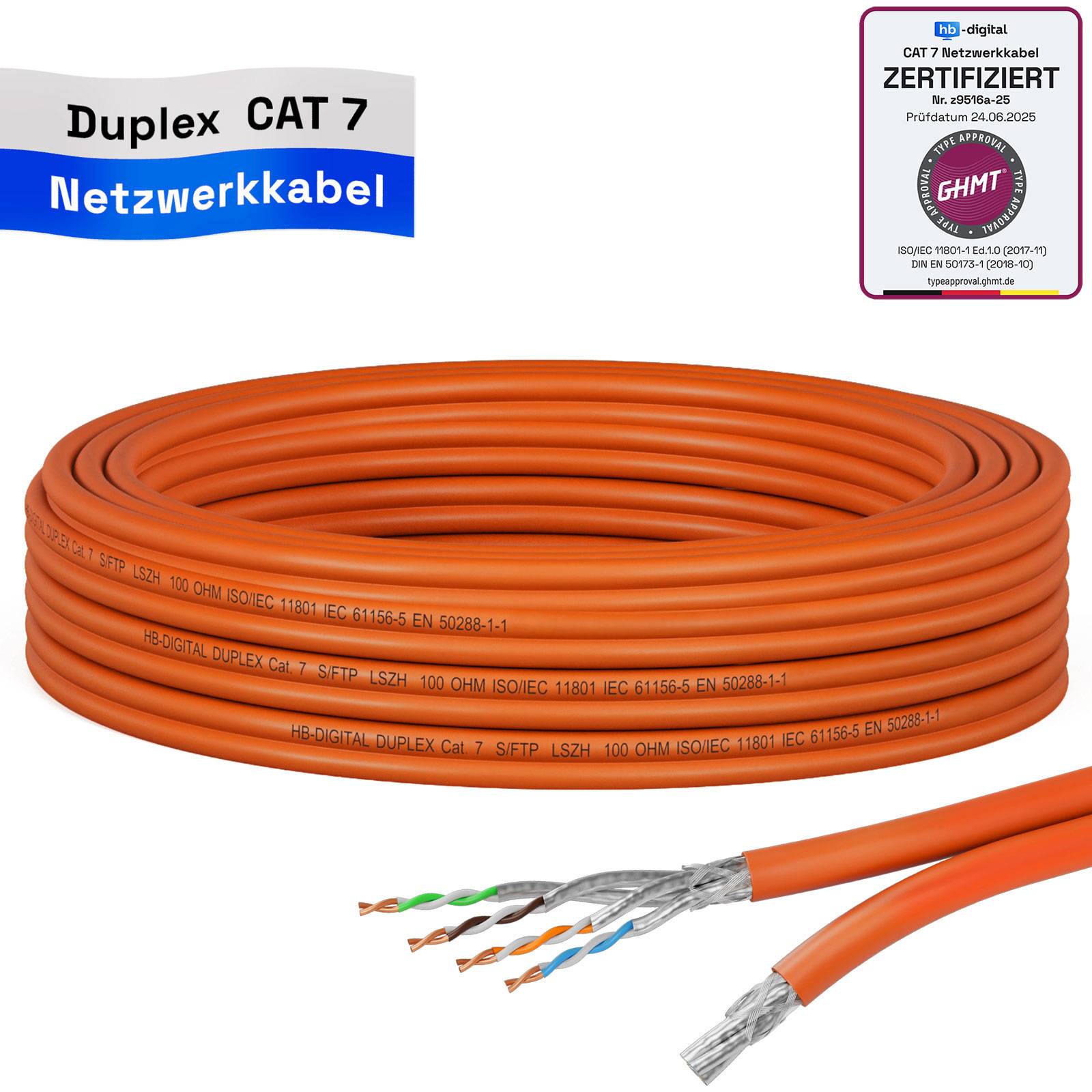 Orange duplex CAT 7 Netzwerkkabel in Spulen mit freigelegten verdrillten Paaren und Zertifizierungsetikett