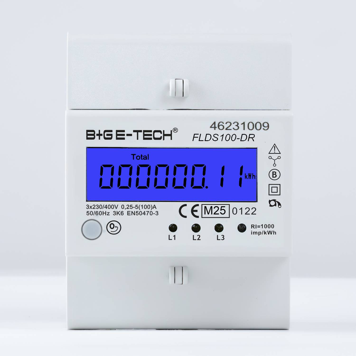 B+G E-Tech FLDS100DR Drehstromzähler 400V 100A LCD Blau Hutschiene MID 2026 digital Stromzähler
