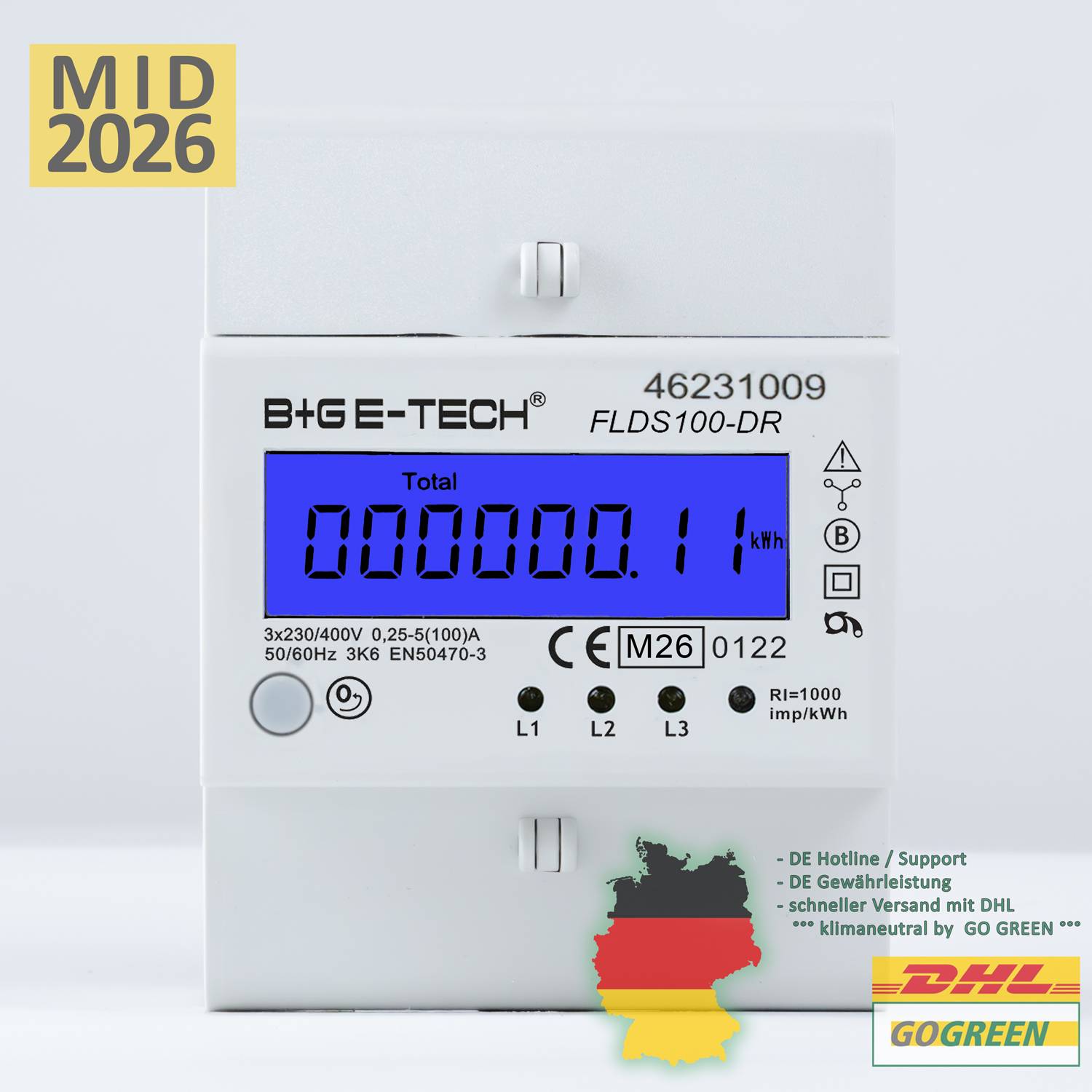 B+G E-Tech FLDS100DR Drehstromzähler 400V 100A LCD Blau Hutschiene MID 2026 digital Stromzähler