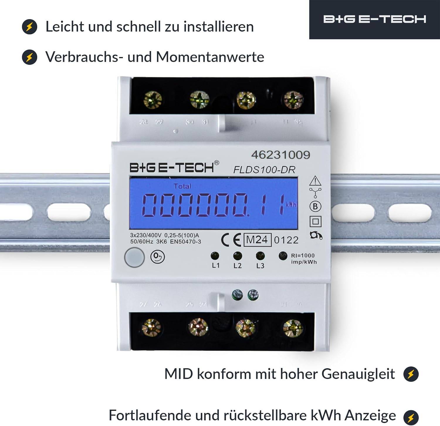 B+G E-Tech FLDS100DR Drehstromzähler 400V 100A LCD Blau Hutschiene MID 2026 digital Stromzähler