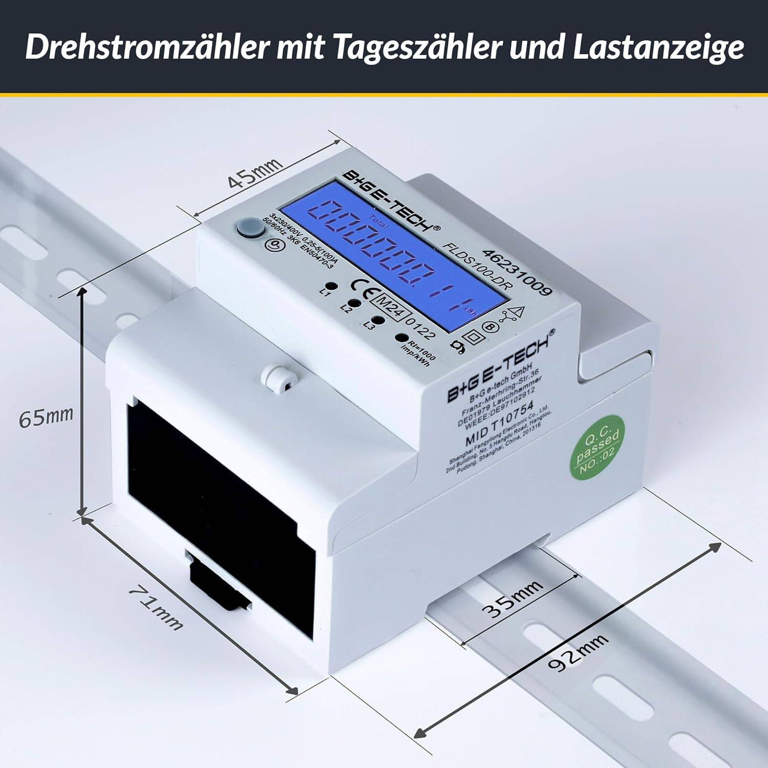 B+G E-Tech FLDS100DR Drehstromzähler 400V 100A LCD Blau Hutschiene MID 2026 digital Stromzähler