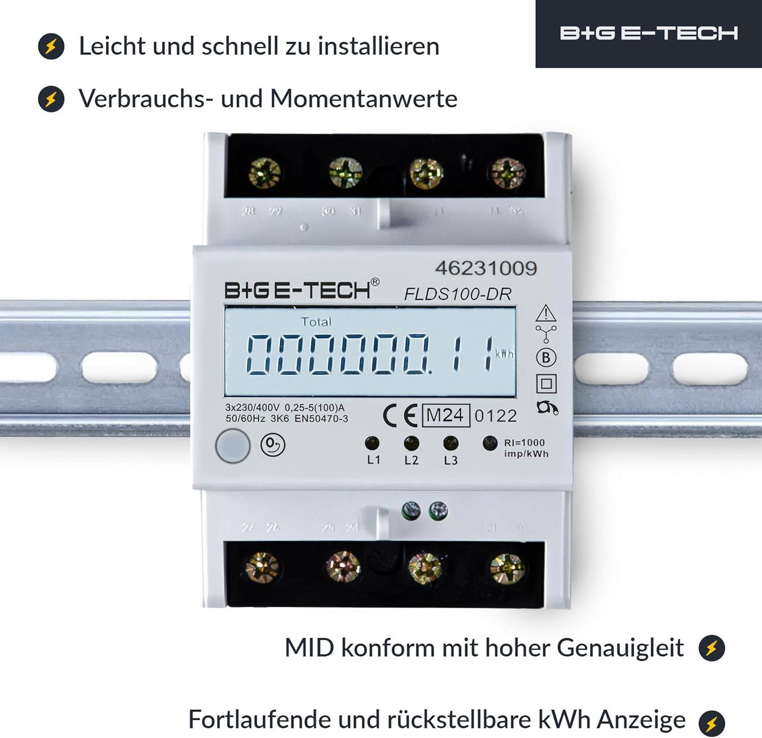 B+G E-Tech FLDS100DR Drehstromzähler 400V 100A LCD Weiß Hutschiene MID 2026 digital Stromzähler