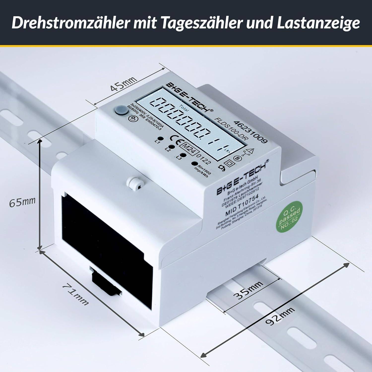 B+G E-Tech FLDS100DR Drehstromzähler 400V 100A LCD Weiß Hutschiene MID 2026 digital Stromzähler