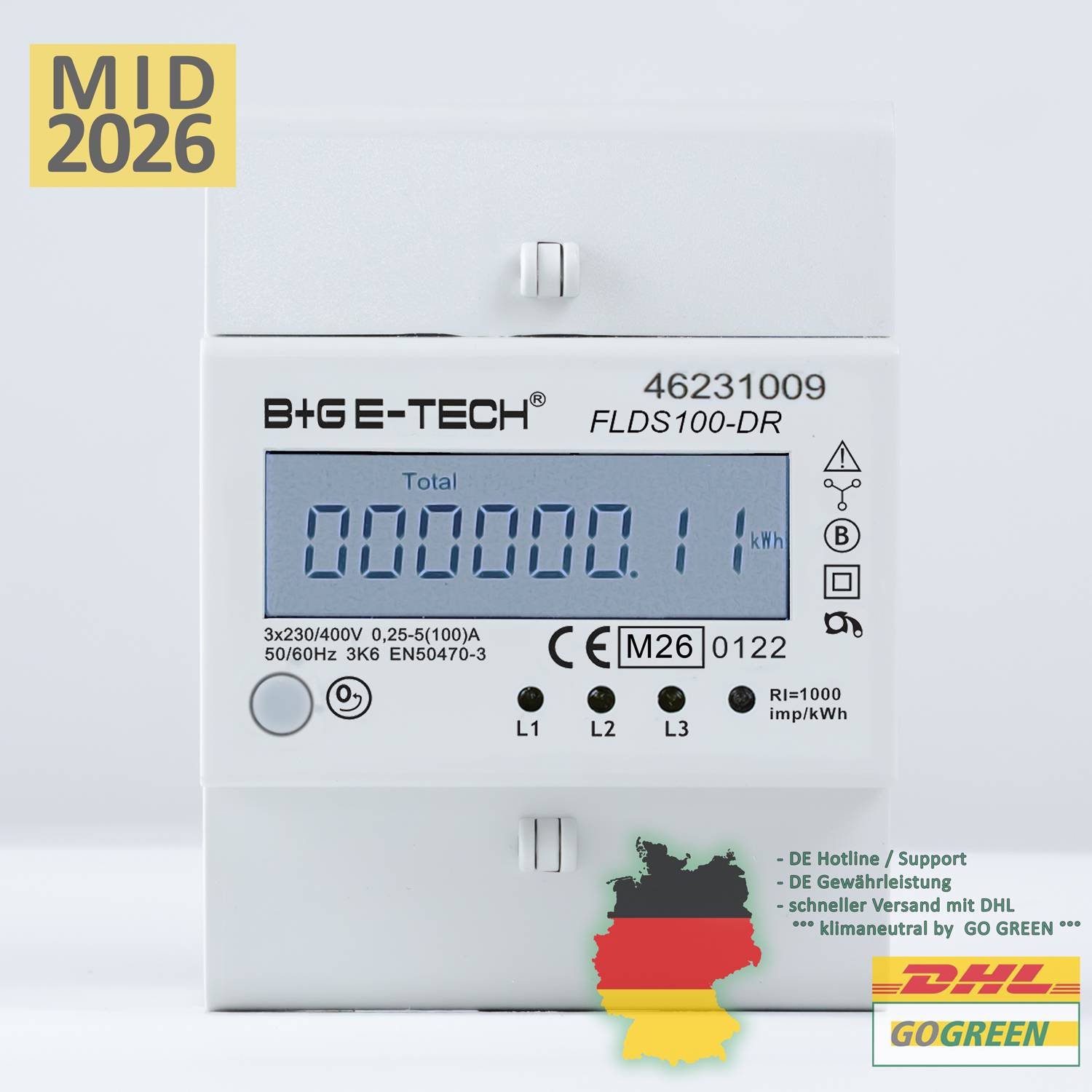 B+G E-Tech FLDS100DR Drehstromzähler 400V 100A LCD Weiß Hutschiene MID 2026 digital Stromzähler