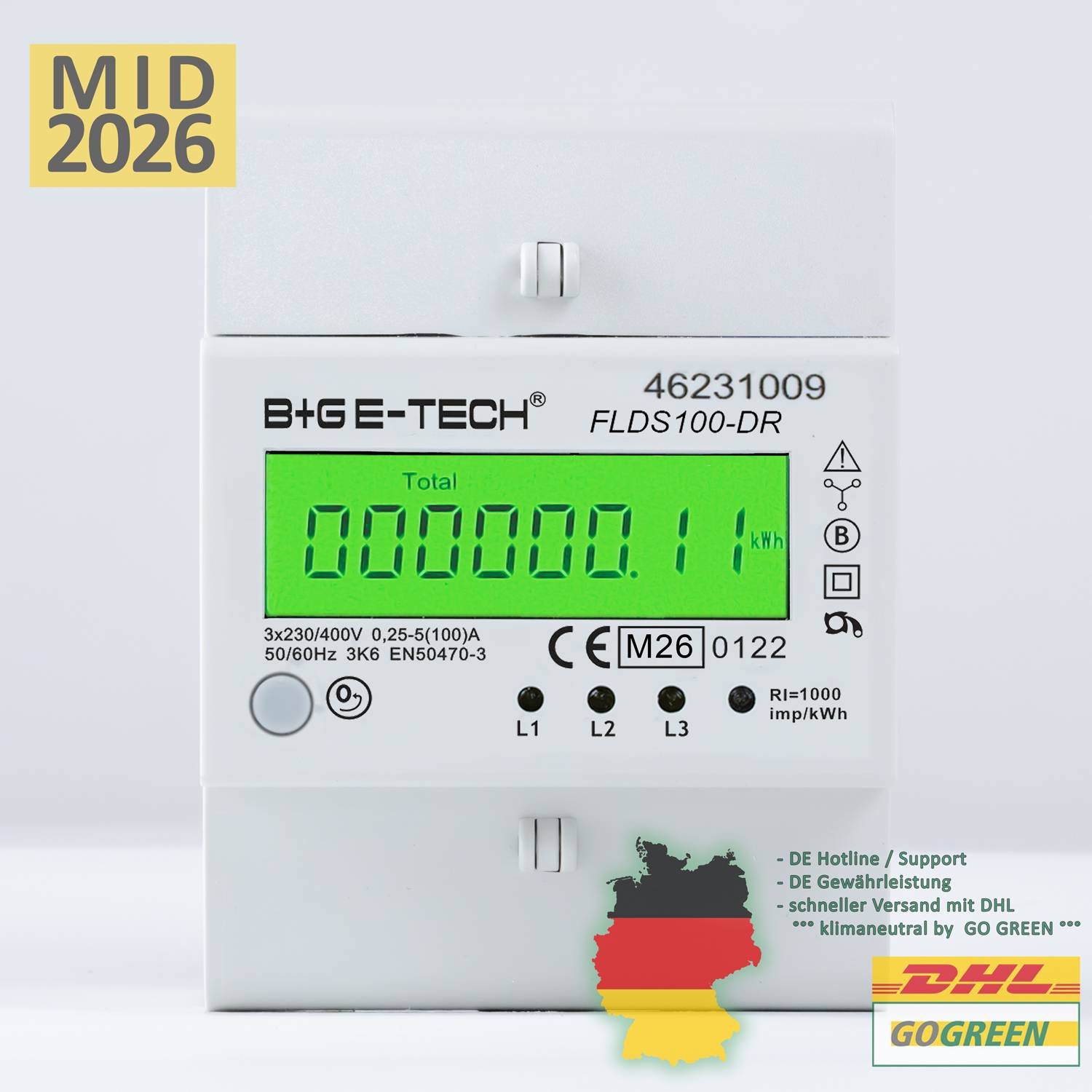B+G E-Tech FLDS100DR Drehstromzähler 400V 100A LCD Grün Hutschiene MID 2026 digital Stromzähler