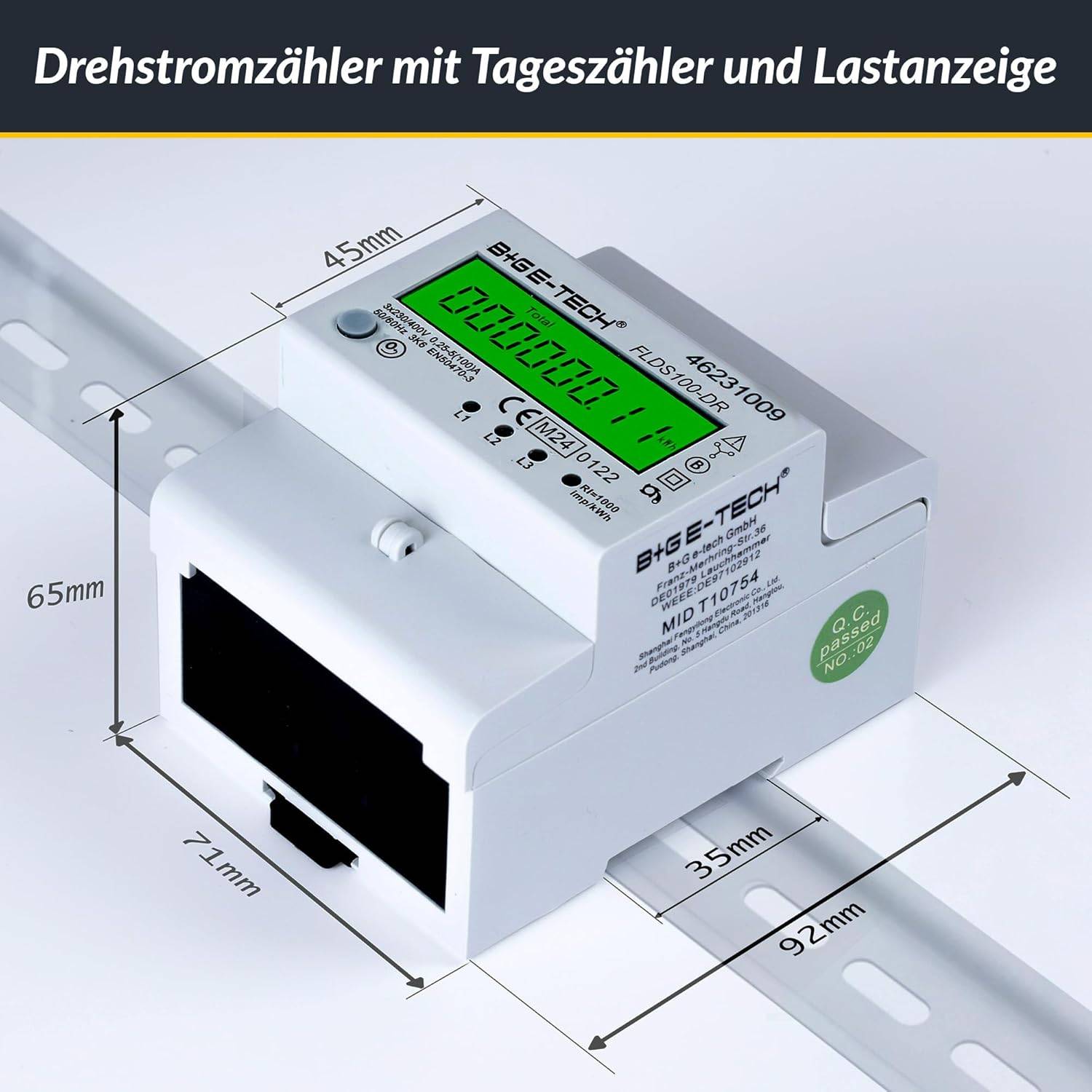 B+G E-Tech FLDS100DR Drehstromzähler 400V 100A LCD Grün Hutschiene MID 2026 digital Stromzähler