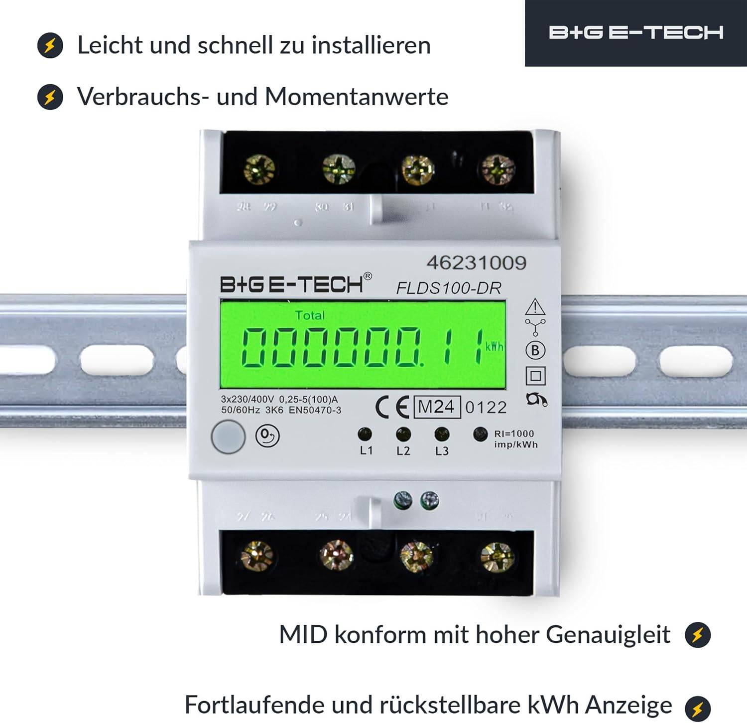 B+G E-Tech FLDS100DR Drehstromzähler 400V 100A LCD Grün Hutschiene MID 2026 digital Stromzähler