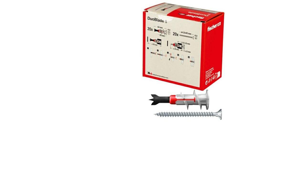 fischer Gipskartondübel DUOBLADE S (hellgrau/rot, 20 Stück, mit Schraube)