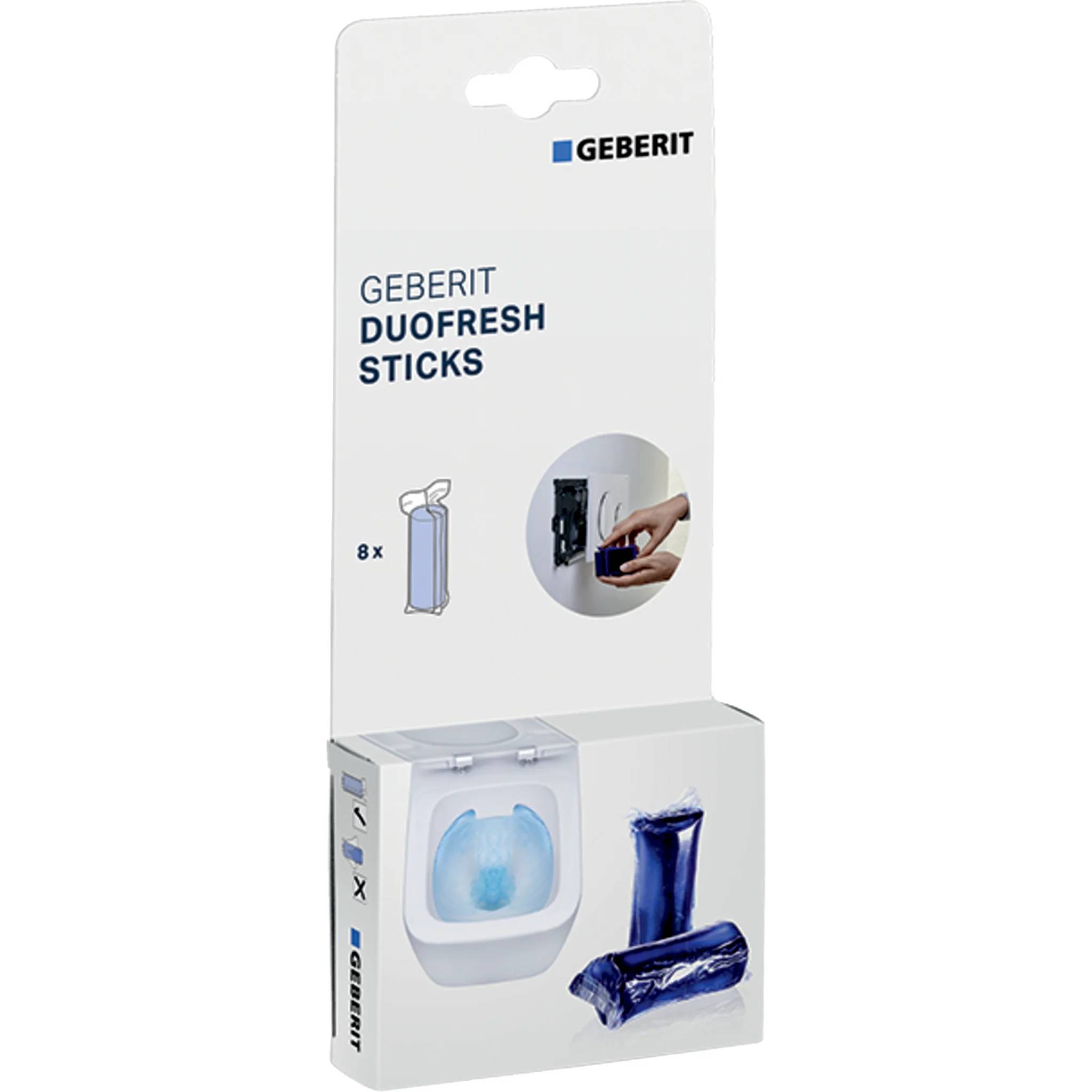Geberit DuoFresh Sticks Verpackung mit 8 Toilettenfrischer-Stäbchen und einem Toilettentank-Frischesystem.