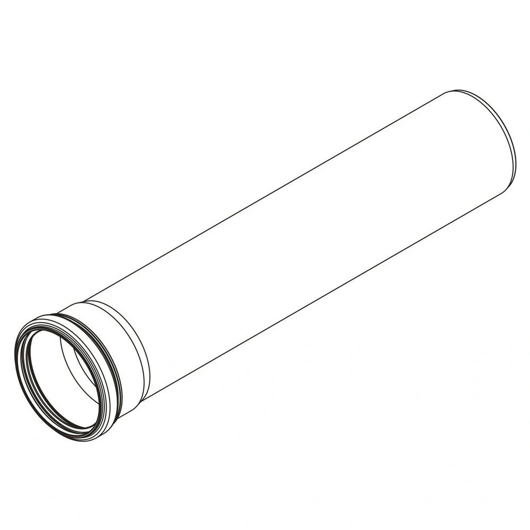 Linienzeichnung eines langen zylindrischen Rohrs oder einer Röhre mit gewindeförmiger Öffnung an einem Ende, perspektivisch auf leerem Hintergrund dargestellt.