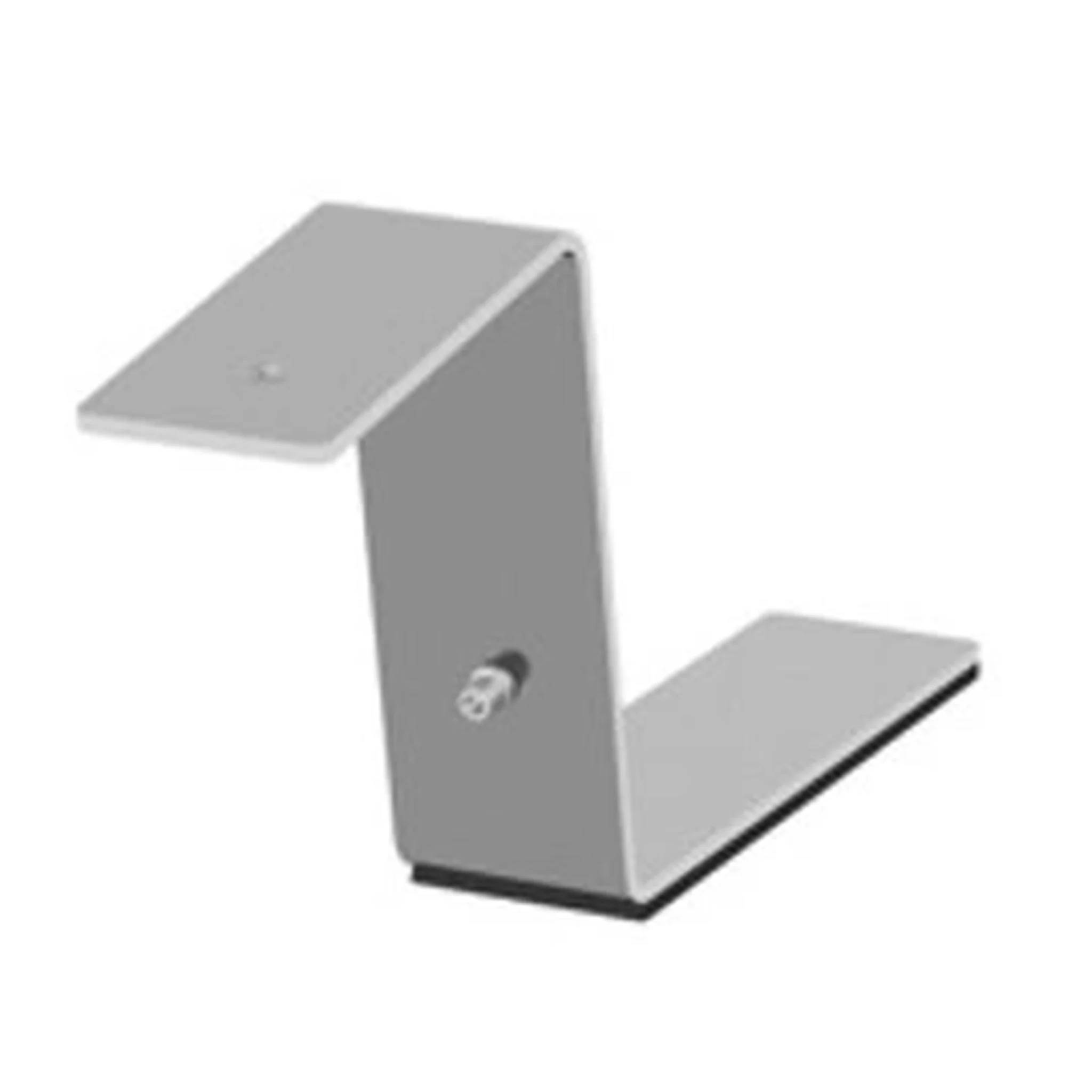 Grau gefärbte Metallhalterung in Z-Form mit zwei flachen Montageplatten und einem zentralen Bolzen auf weißem Hintergrund.