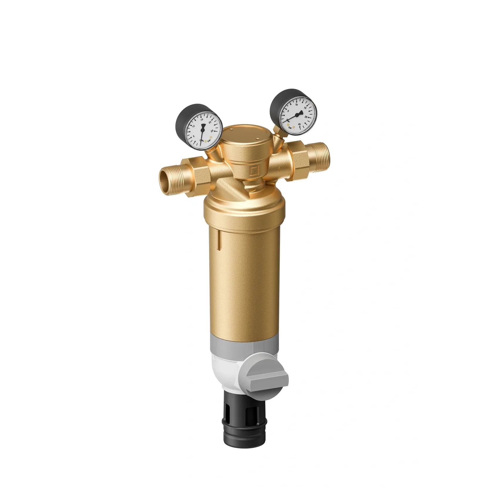 Goldfarbenes Wasserfiltergehäuse mit zwei Druckmessern und Gewindeverbindungen auf weißem Hintergrund.