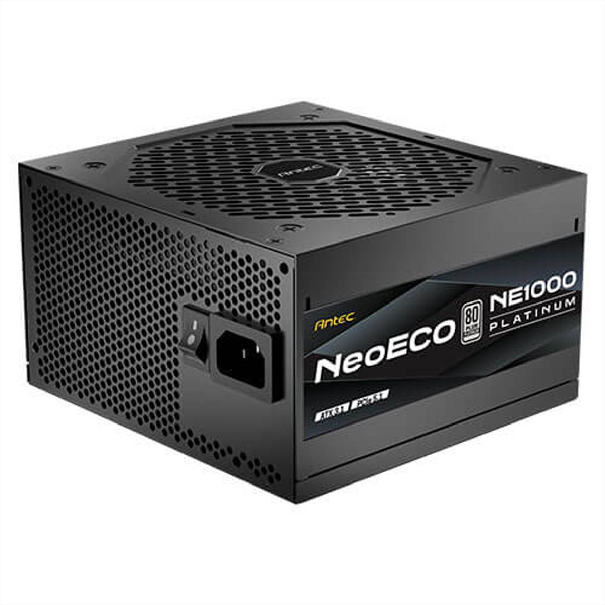 Schwarzes Antec NeoECO NE1000 Platinum Computernetzteil mit belüftetem Metallgehäuse und AC-Stromeingang.