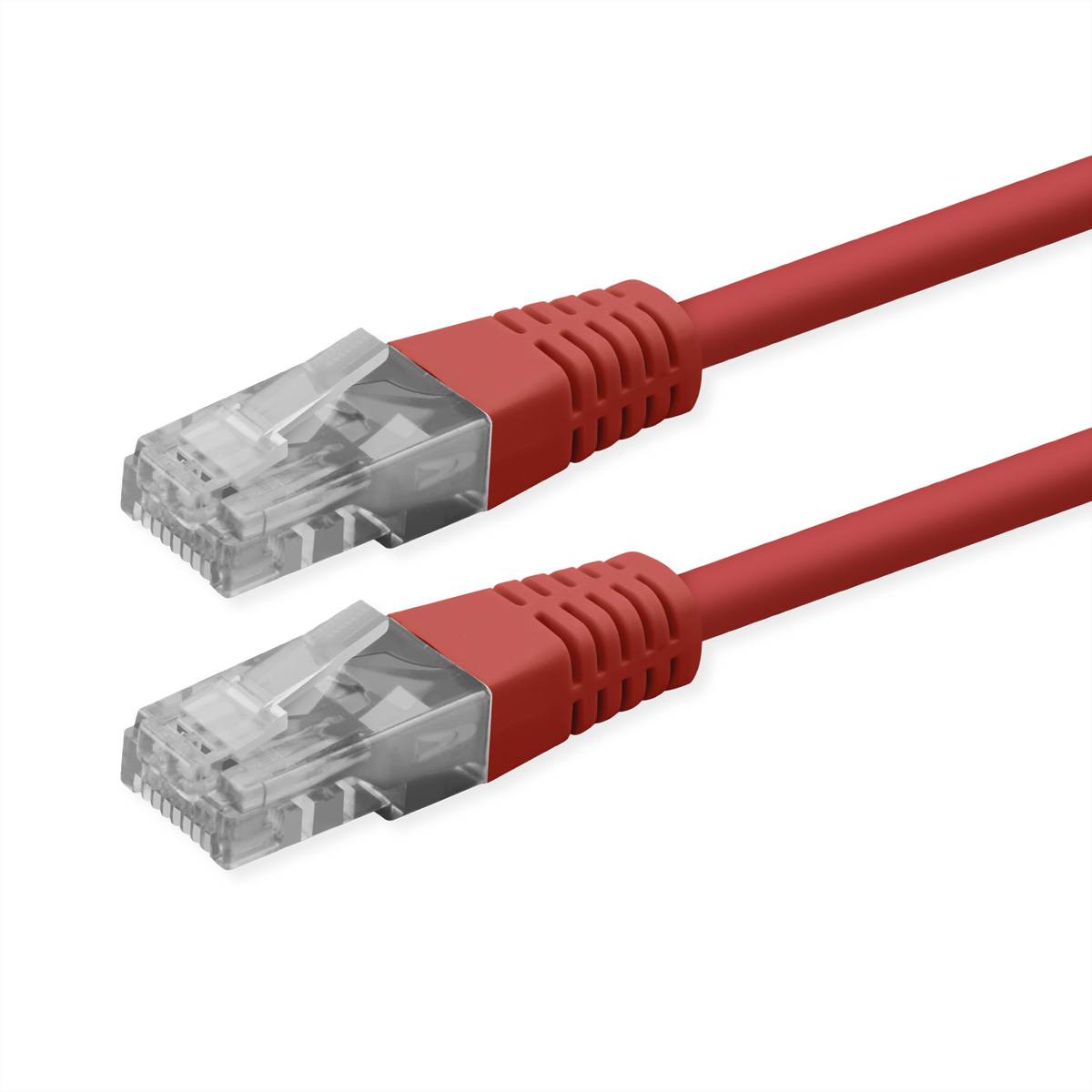 Zwei rote Ethernet-Kabel mit transparenten RJ45-Steckern auf weißem Hintergrund.