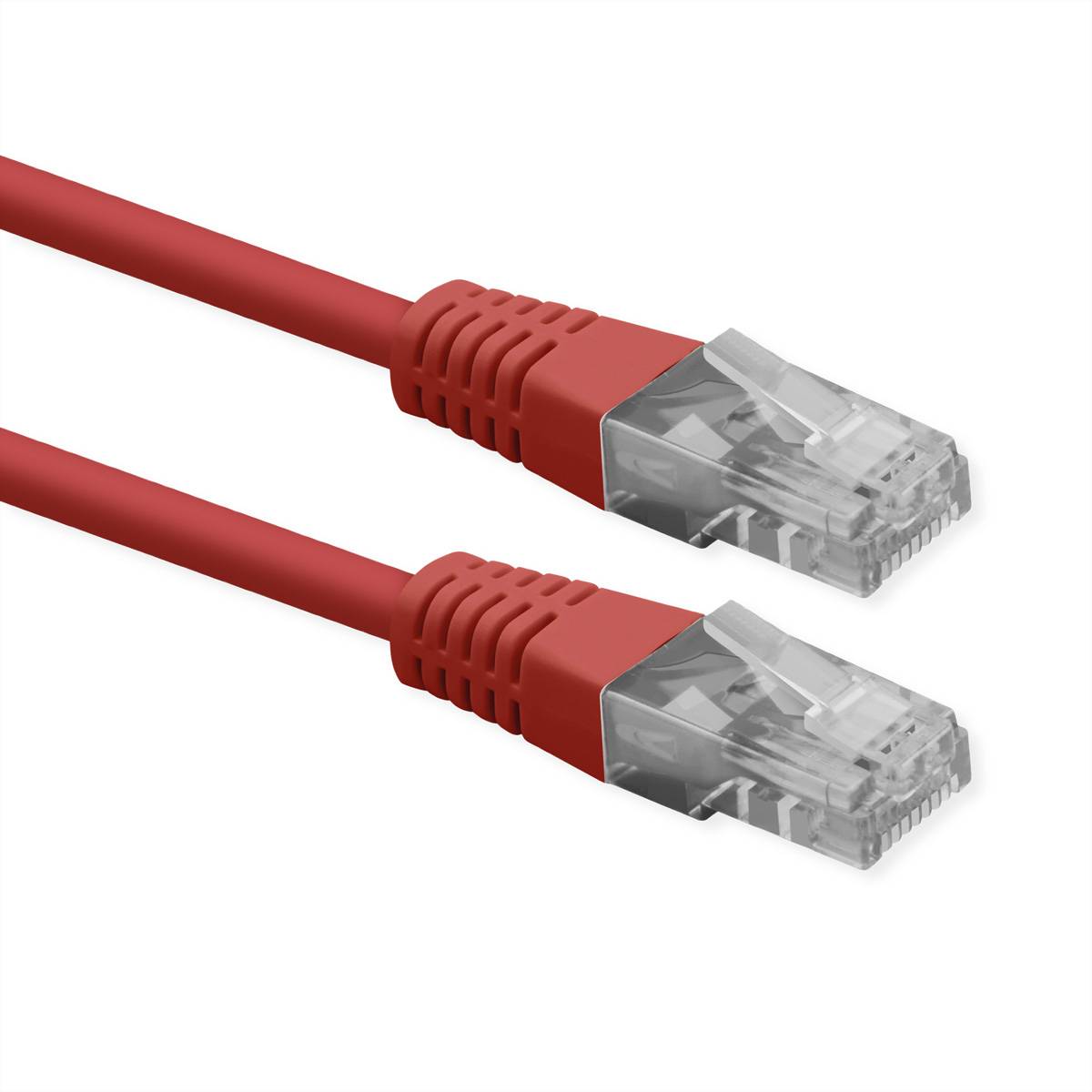 Zwei rote Ethernet-Kabel mit transparenten RJ45-Steckern auf weißem Hintergrund.