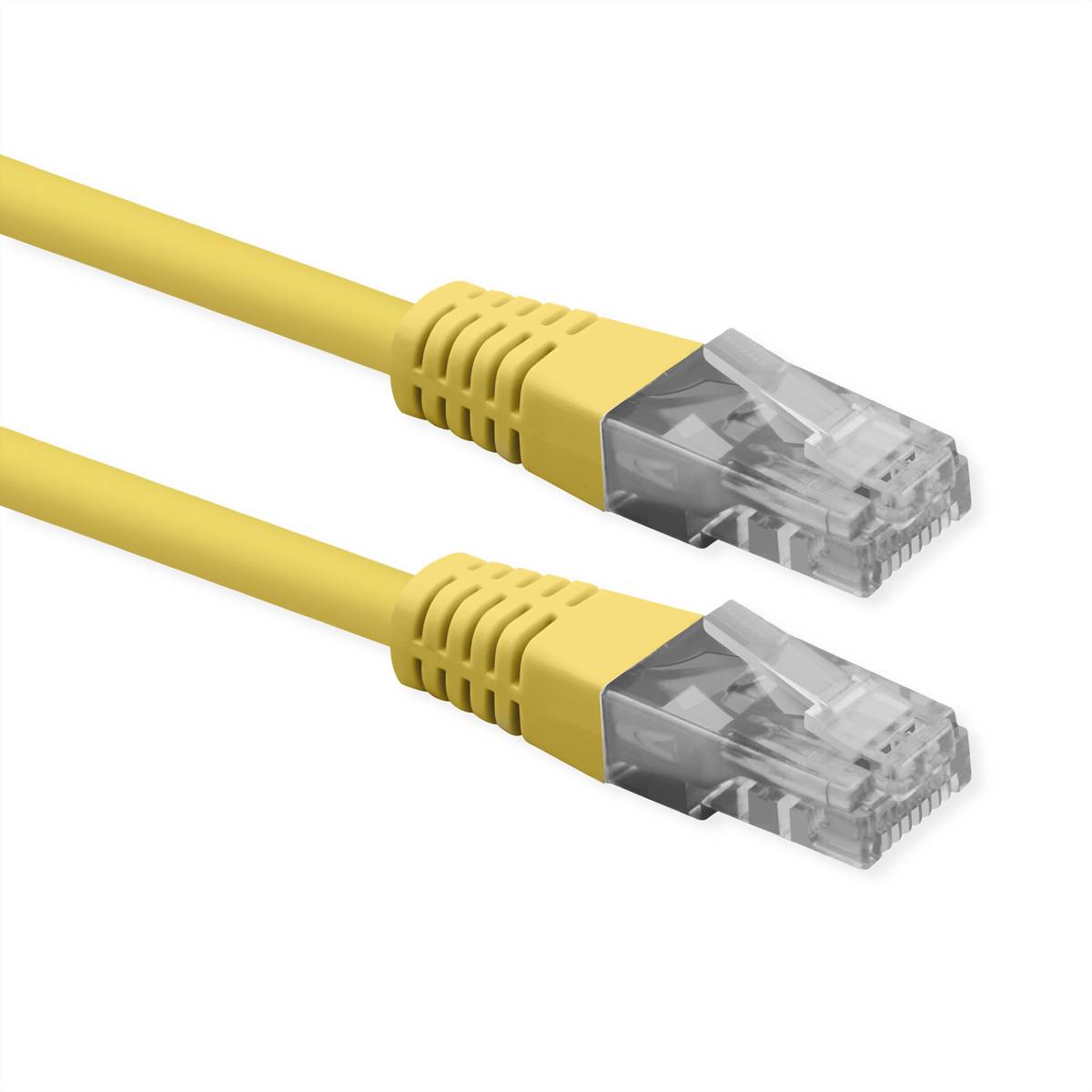 Zwei gelbe Ethernet-Kabel mit transparenten RJ45-Steckern auf weißem Hintergrund.