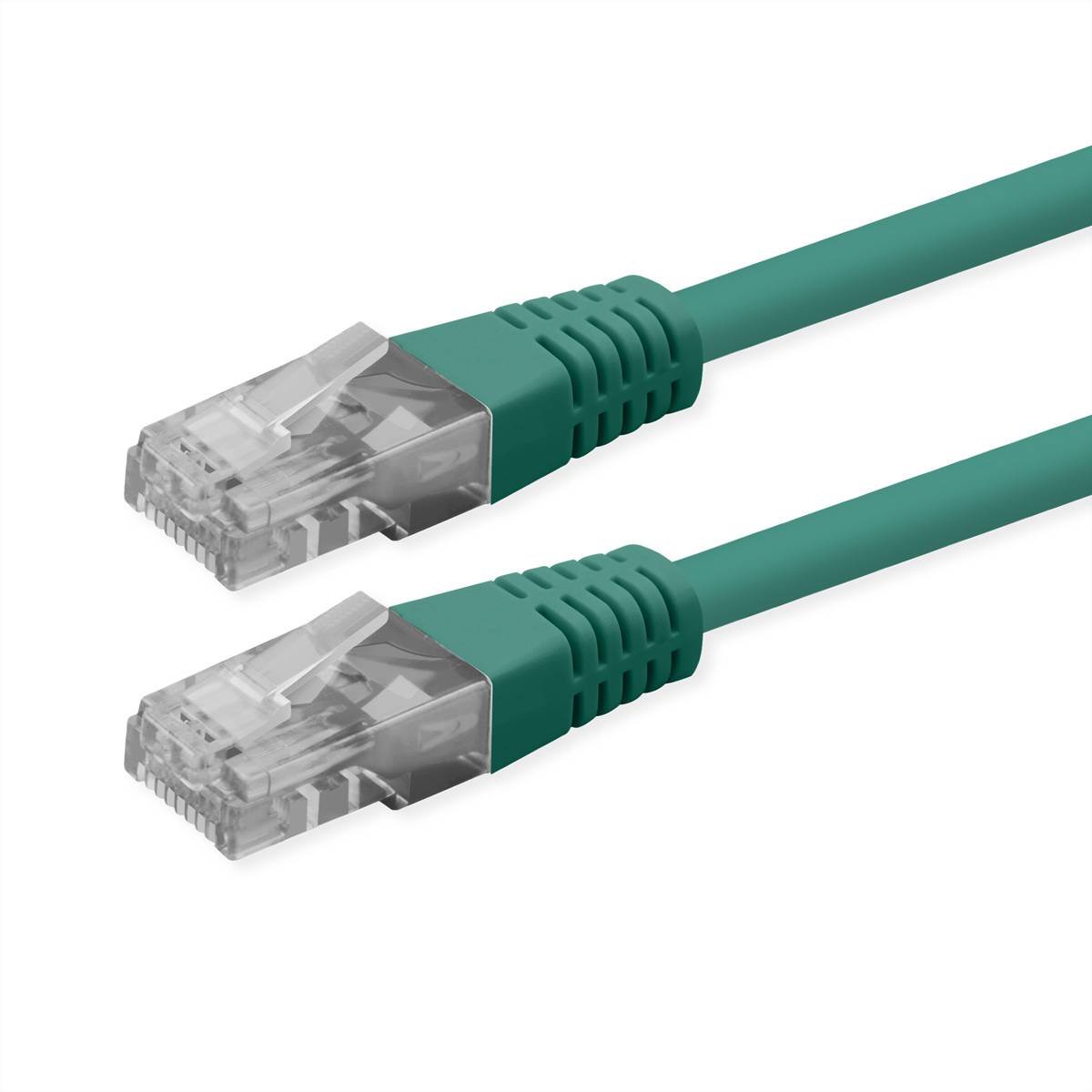 Zwei grüne Ethernet-Netzwerkkabel mit transparenten RJ45-Steckern auf weißem Hintergrund.