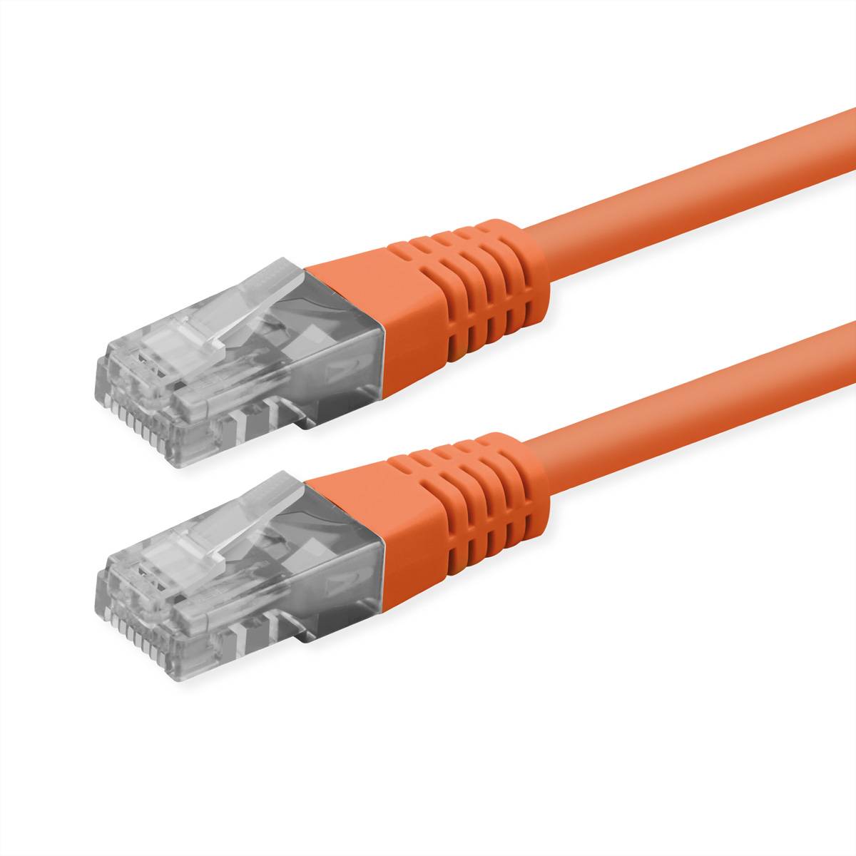 Zwei orange Ethernet-Kabel mit transparenten RJ45-Steckern auf weißem Hintergrund.