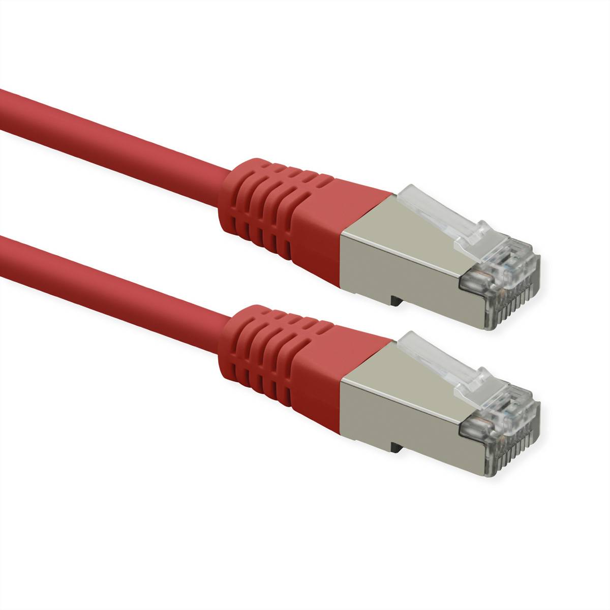 Zwei rote Ethernet-Kabel mit RJ45-Steckern auf weißem Hintergrund.