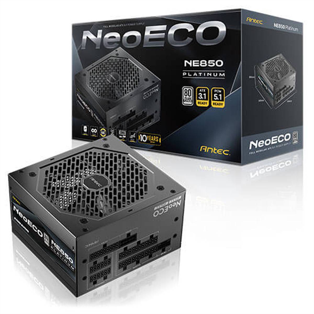 Antec NeoECO NE850 Platinum Stromversorgungseinheit für Computer, abgebildet mit ihrer Einzelhandelsverpackung