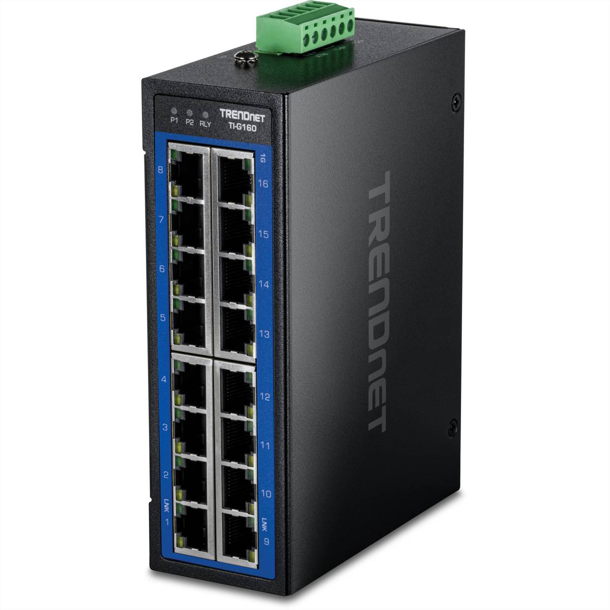 Schwarzer TRENDnet Netzwerk-Switch mit 16 Ethernet-Anschlüssen und einem grünen Anschlussblock oben, gezeigt auf weißem Hintergrund.