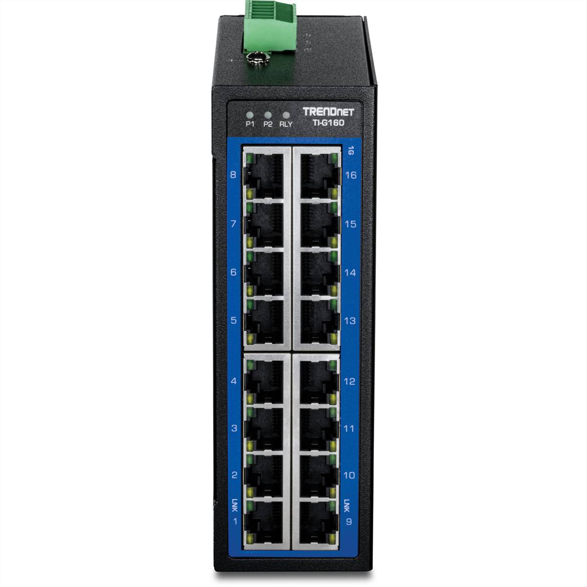 Frontansicht eines TRENDnet TI-G160 Industrial-Netzwerk-Switches mit 16 Ethernet-Anschlüssen und Status-LEDs auf einem schwarzen Bedienfeld.
