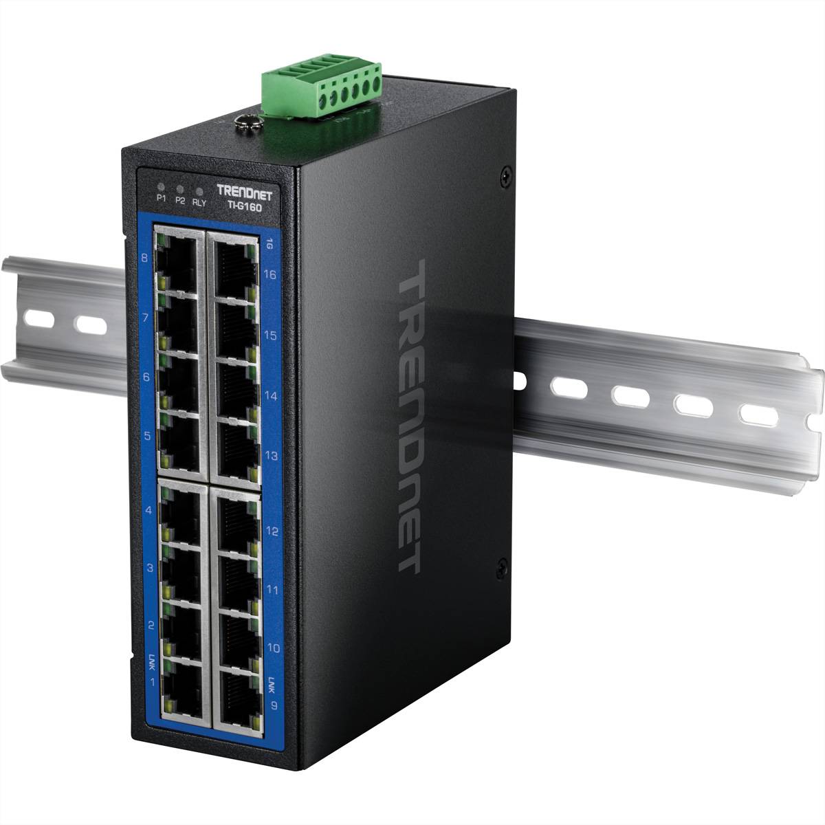 TRENDnet industrieller Ethernet-Switch mit 16 RJ45-Anschlüssen auf einer DIN-Schiene montiert, dargestellt in einem schwarzen Metallgehäuse mit einem grünen Anschlussblock oben.