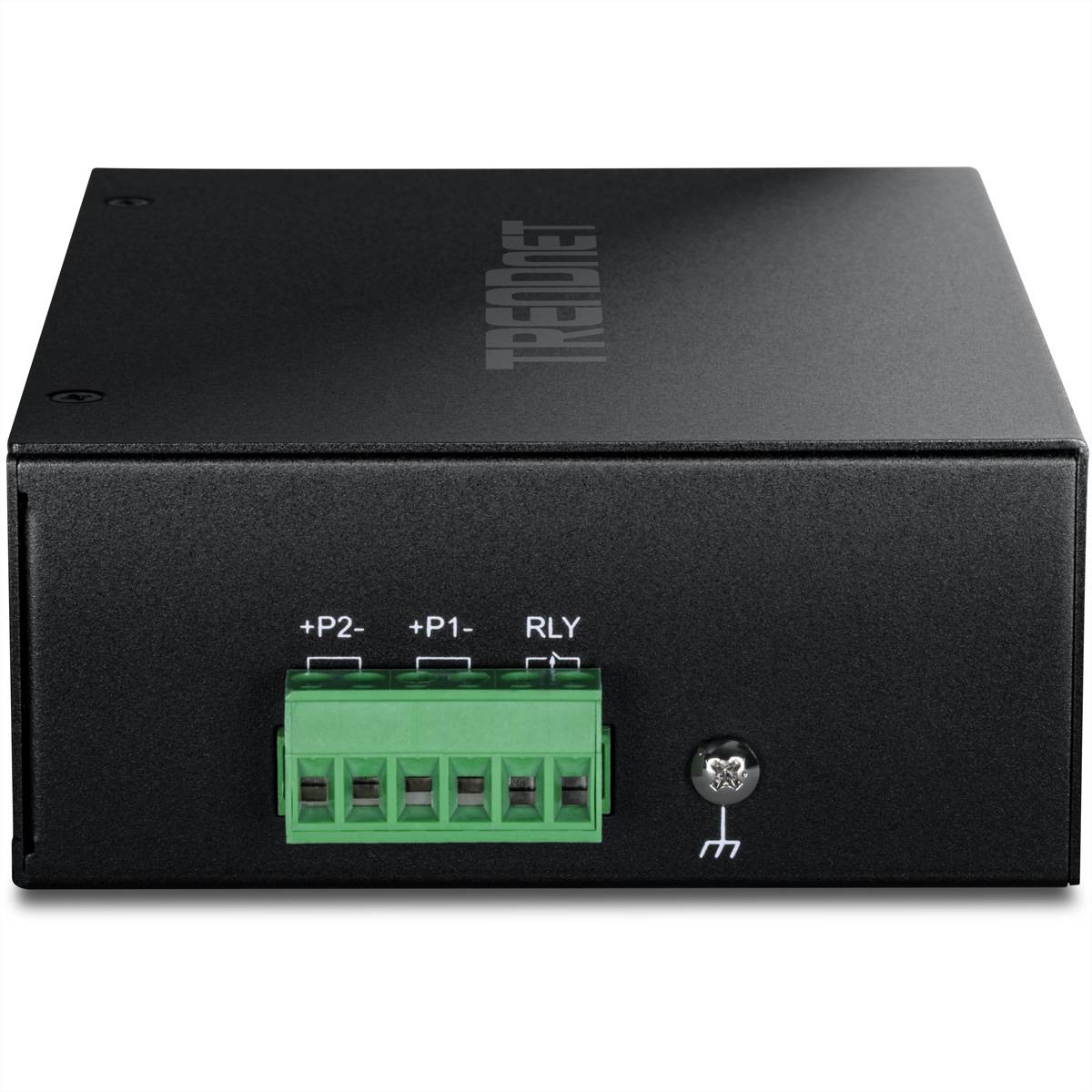Schwarzes elektronisches Relaismodul mit grünem Klemmblock, auf der Vorderseite mit den Bezeichnungen '+P2-', '+P1-' und 'RLY' gekennzeichnet.