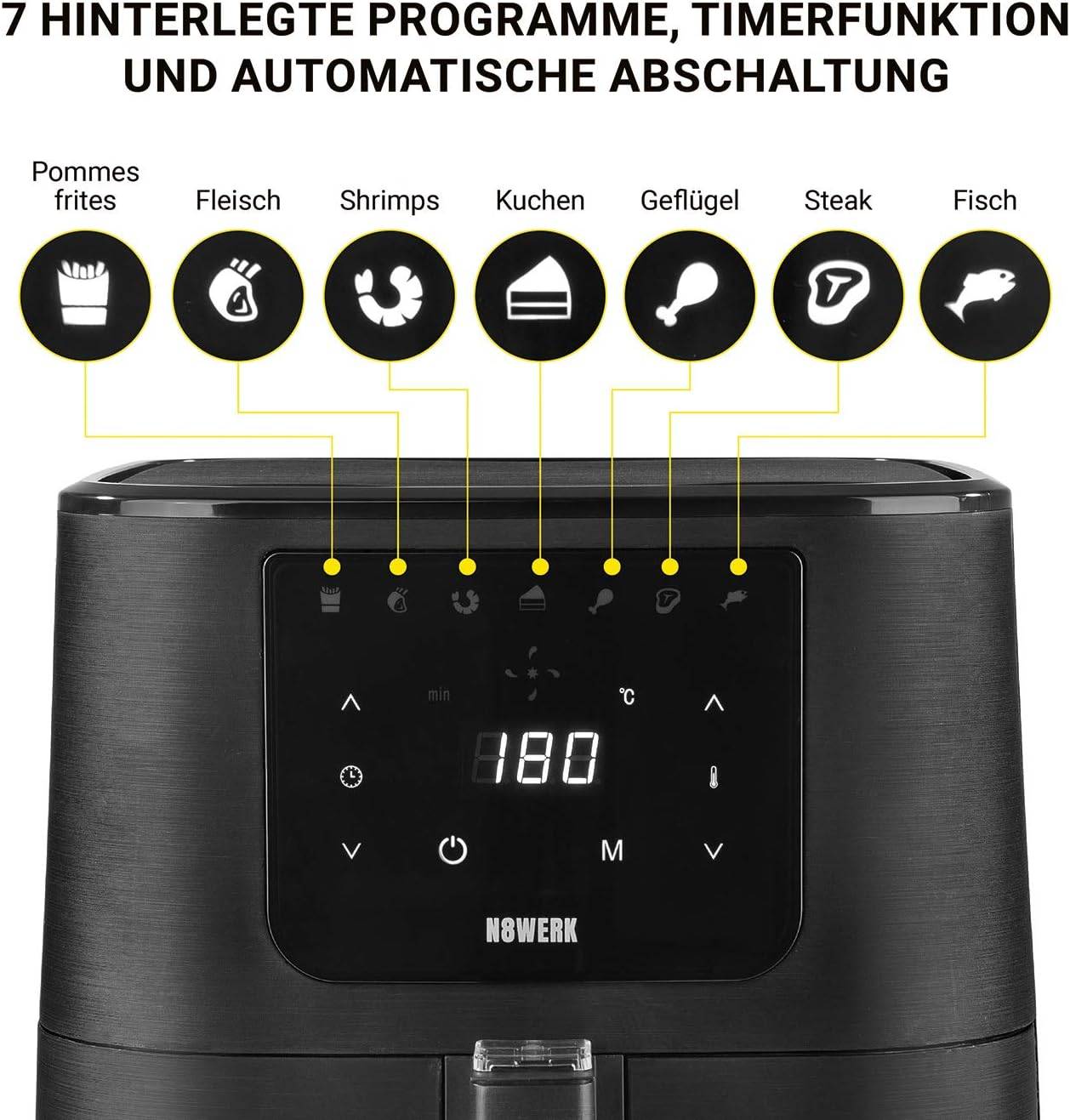 N8WERK Heißluftfritteuse in der Midnight Edition 7 Programme 5,5l Korb 1800 W