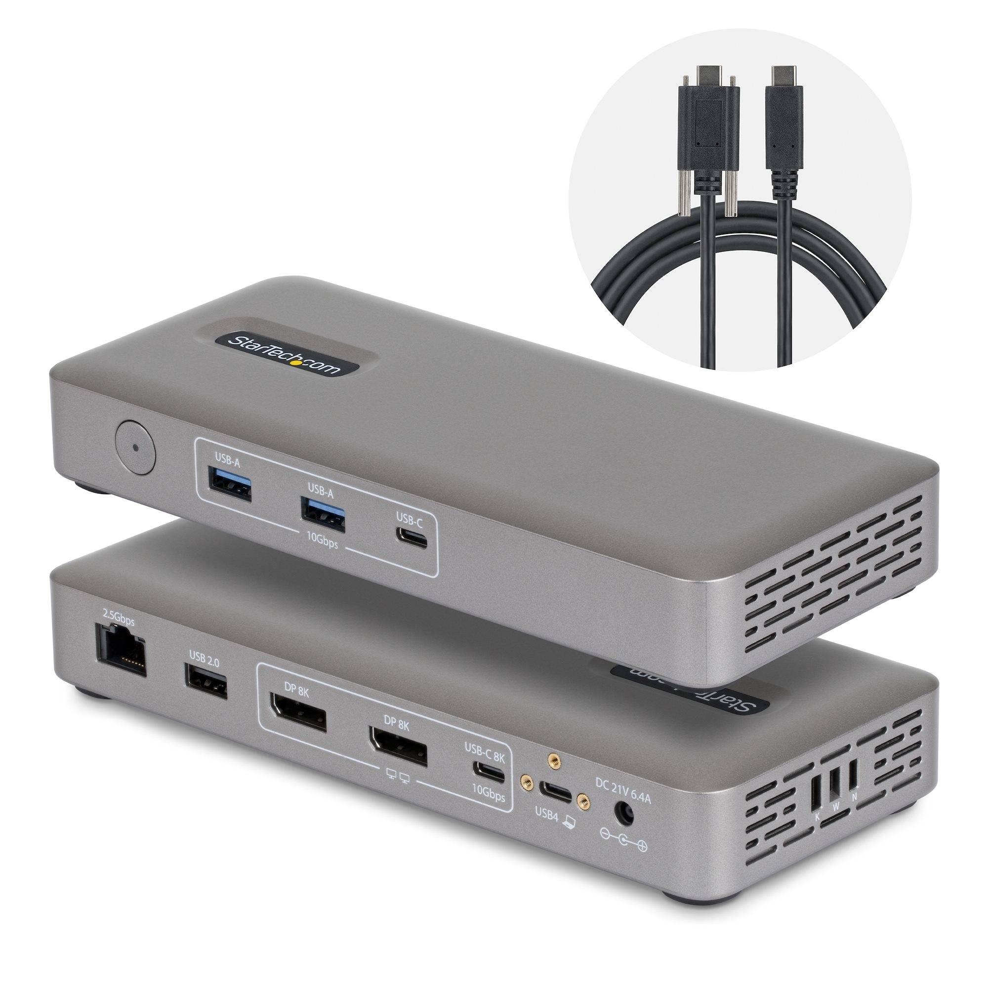 Zwei silberne Dockingstationen übereinander angeordnet, mit mehreren USB-, Ethernet-, DisplayPort- und Stromanschlüssen, mit einer vergrößerten Detailansicht der Steckerverbindungen.