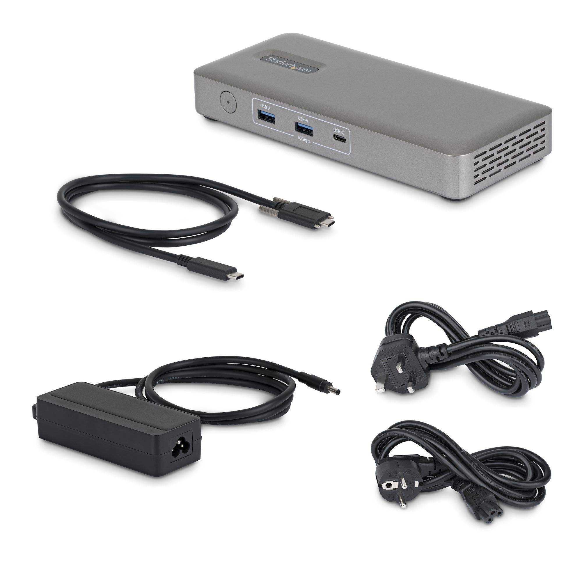 Tragbare Dockingstation mit USB-C-Kabel und Stromadapterkabeln auf weißem Hintergrund dargestellt.
