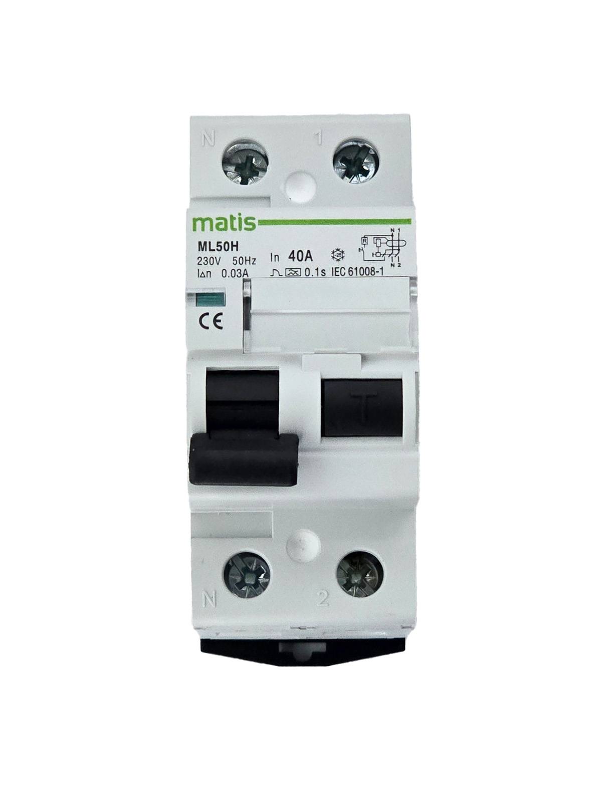 Matismart ML50H2P FI Schutzschalter 2-polig 40A/30mA, AC, Test-Taste, VDE, IP2x