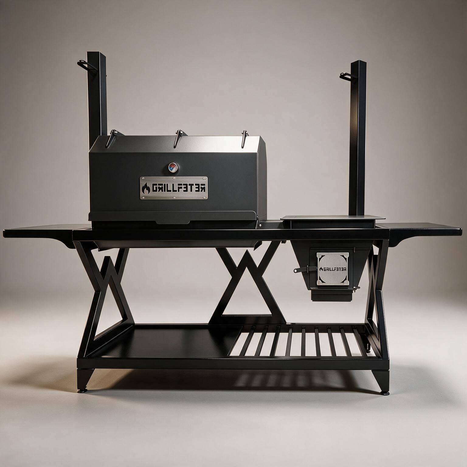 Schwarzer Outdoor-Grill-Räucherer auf einem Metallständer mit Seitenregalen und hohen Schornsteinrohren, gezeigt vor einem schlichten Studio-Hintergrund.