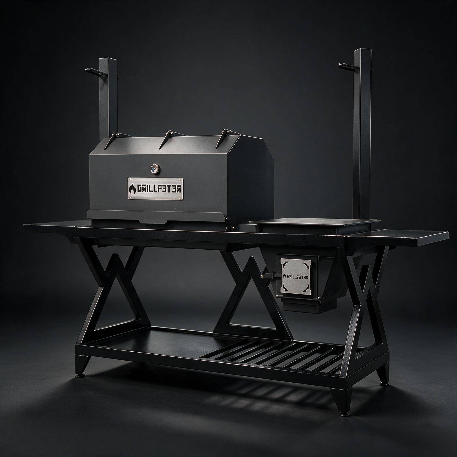Schwarze Metallgrillstation für den Außenbereich mit einer zentralen Räucherbox, Seitenregalen und einem unteren Lagerfach auf einem fahrbaren Rahmen.